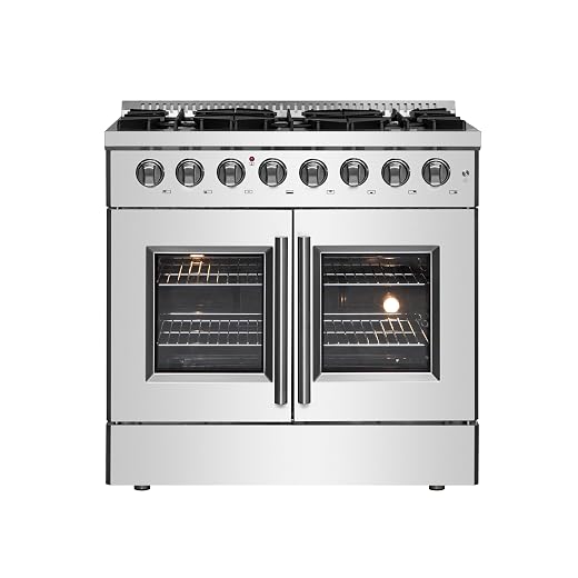 Forno Galiano 36" Freestanding French Door Dual Fuel Range with 6 Sealed Burners 83,000 BTU, 5.36 cu. ft. True Convection Oven - Modern Design Fuel Range with Pro-Style Handle, Zinc Coated Metal Knobs
