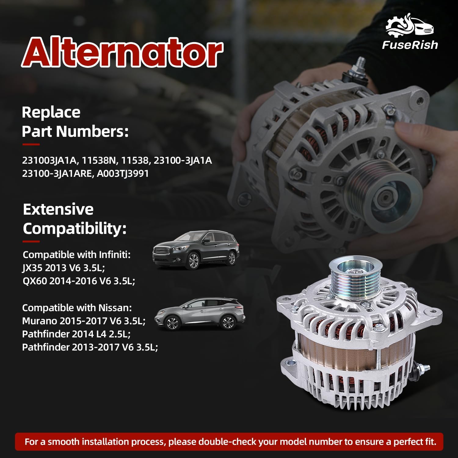 23100-3JA1A Alternator 150A 12V Compatible with Nissan Murano 2015-2017, Pathfinder 2013-2017, for Infiniti QX60 2014-2016, JX35 2013, 2.5L 3.5L 7-Groove Pulley Replace A003TJ3991, 11538N