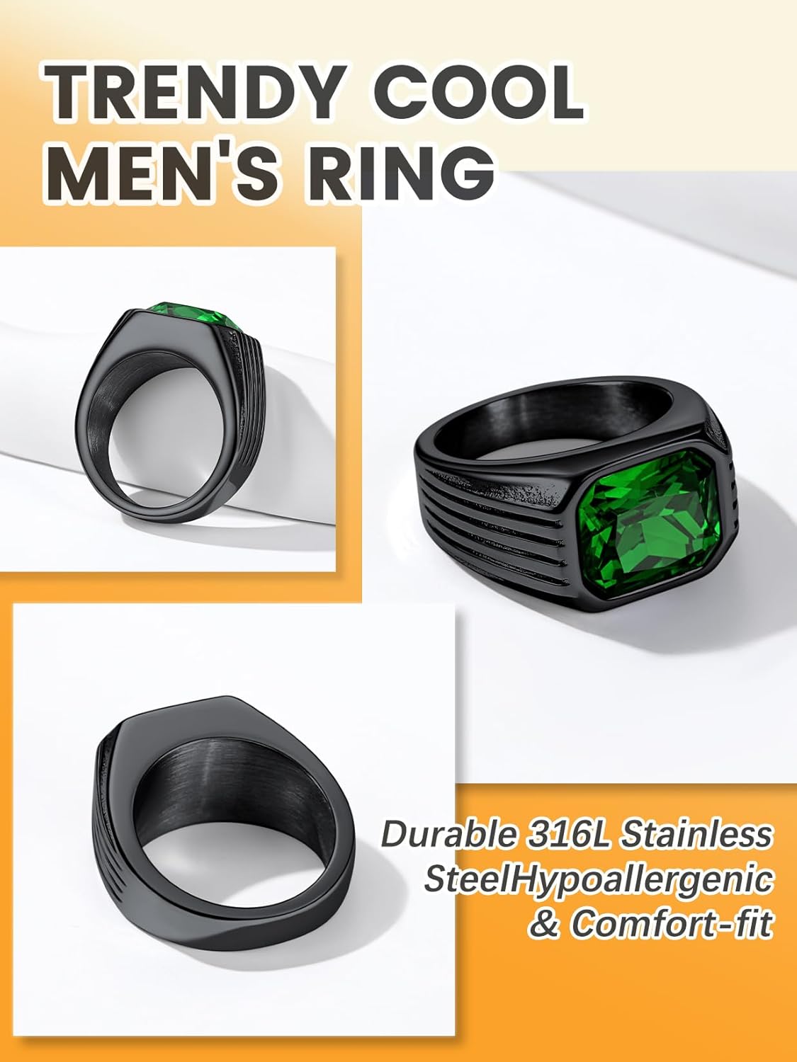 Bestyle Chunky Signet Ring for Men, Stainless Steel/Black Ring Synthetic Gemstone Band Ring Biker Ring for Men, Thumb Pinky Ring Mens Fashion Ring Jewelry Size 7-14, Gift Package - Image 5