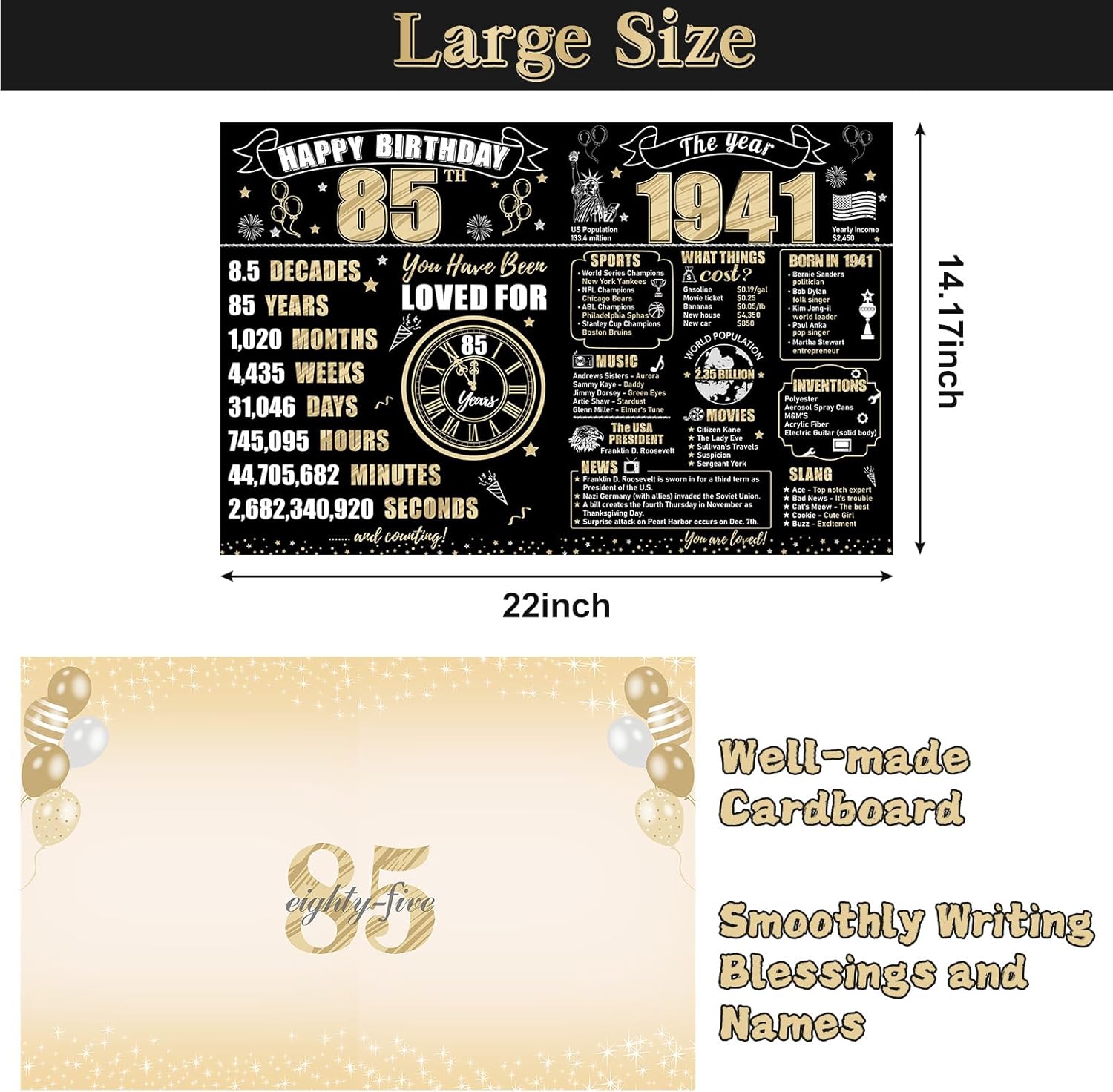 Large 85th Birthday Card With Envelope for Men Women, 1941 Black Gold Happy 85th Birthday Giant Guest Signature Book Gifts, Big Vintage 1941 85 Greeting Card Decoration Party Supplies - Image 2