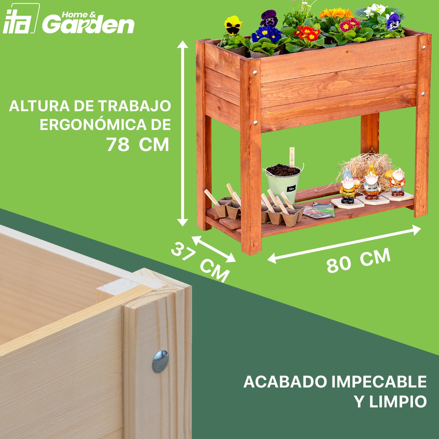 ITA Jardinera Elevada 80x37x78 cm de Madera Marrón - Huerto Urbano con sólida repisa Jardín, Terraza, Balcón - Calidad Directa del Fabricante