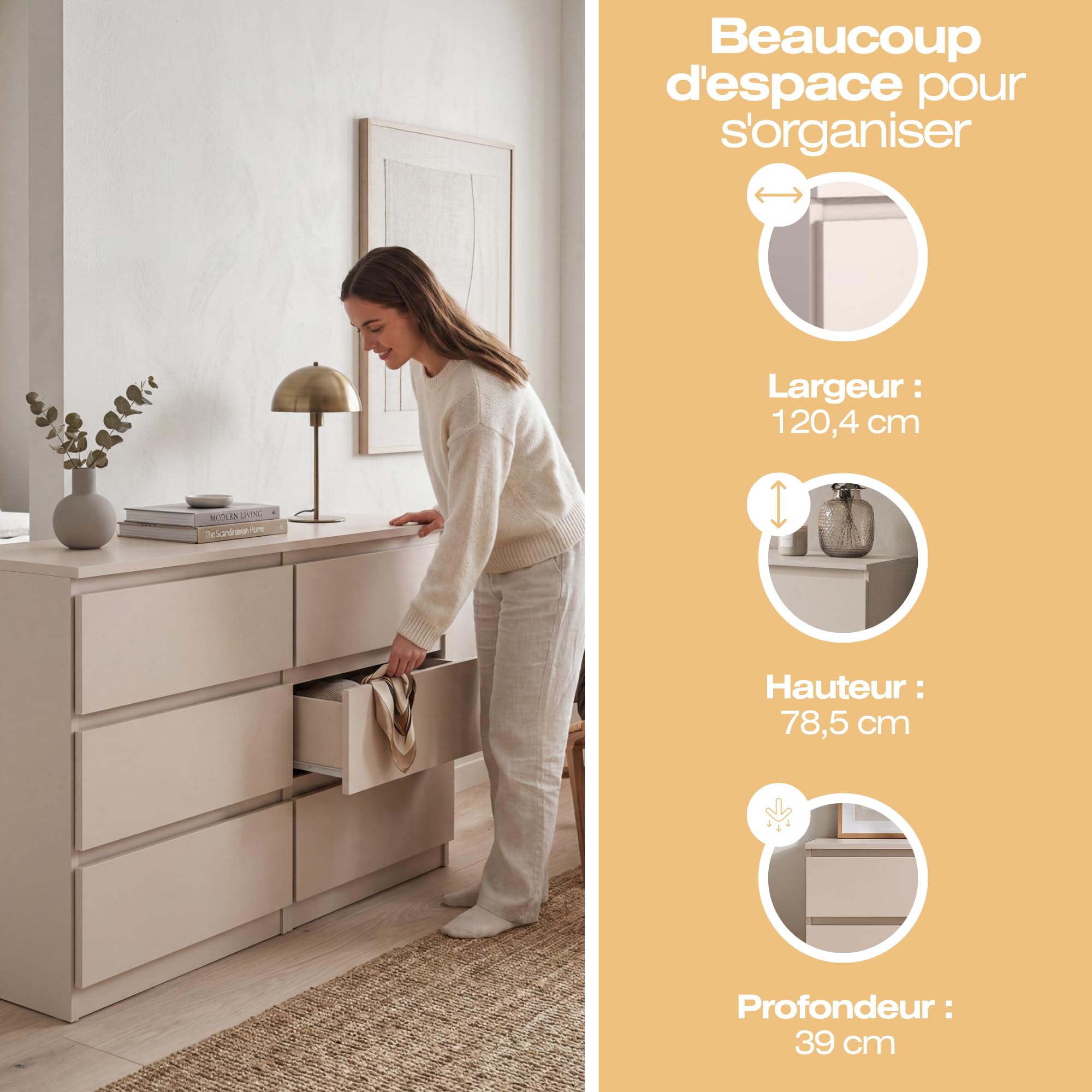 Commode 6 Tiroirs Kaschmir 120 cm - Design Minimaliste - 120 x 39 x 78,5 cm - Meuble de Rangement Spacieux pour Chambre, Salon ou Bureau