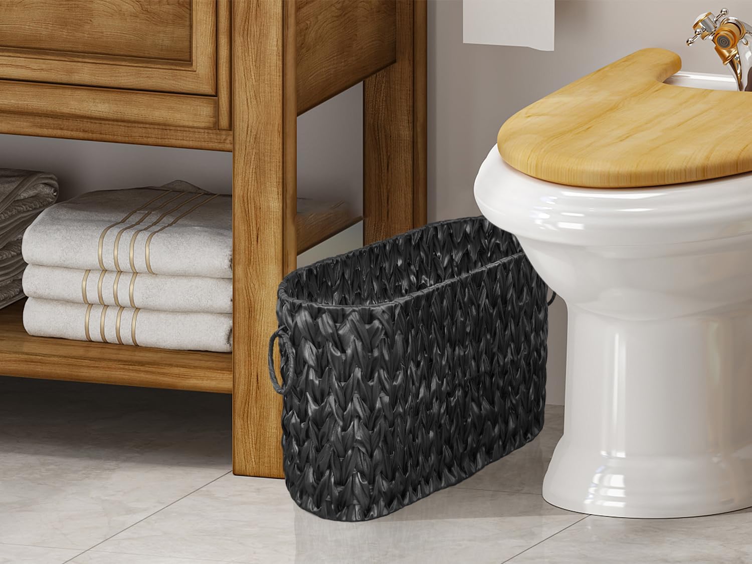 Black Toilet Paper Storage Basket,Large Free Standing Toilet Paper Organizer,Waterproof Narrow Wicker Basket for Bathroom,Under Sink,or Cabinet - Image 2