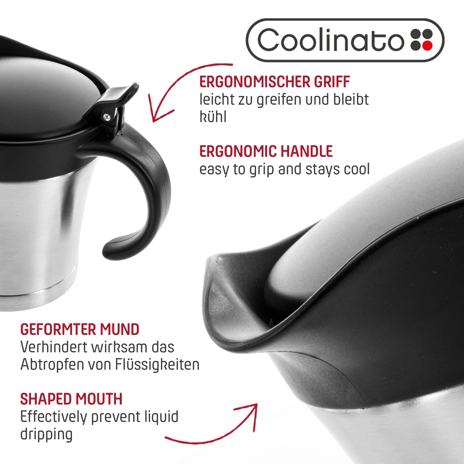 Coolinato Thermo Edelstahl Sauciere, 400 ml, doppelwandiger Edelstahl, auslaufsicherer Deckel, 11x 8,5 x 14 cm, geeignet als Saucenausgießer und isolierender Thermobehälter