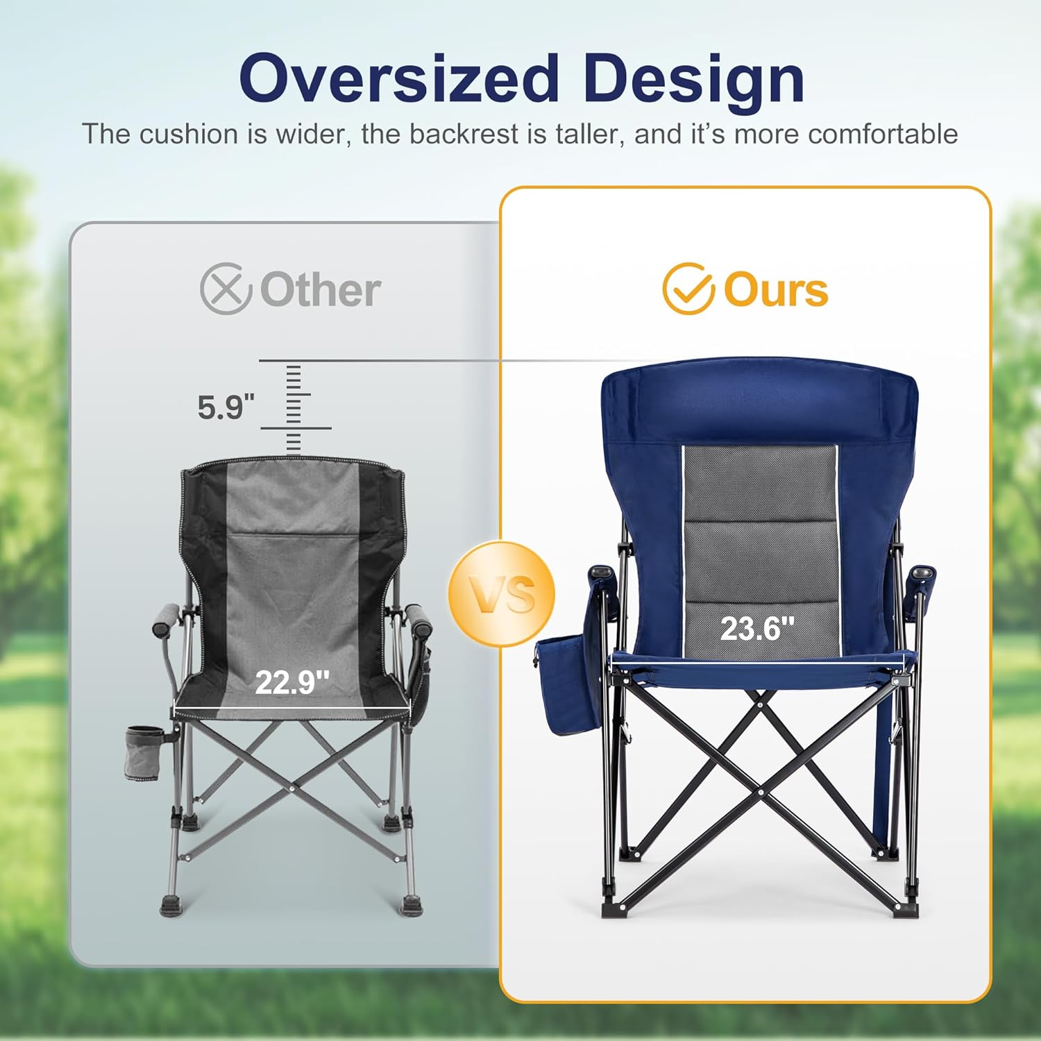 LET'S CAMP Oversized Camping Chairs 29.52" High Back Heavy Duty Lawn Chair Support 500LBS, Portable Collapsible Chair with Cup Holder, Side Pocket,2 Pack(Blue) - Image 4