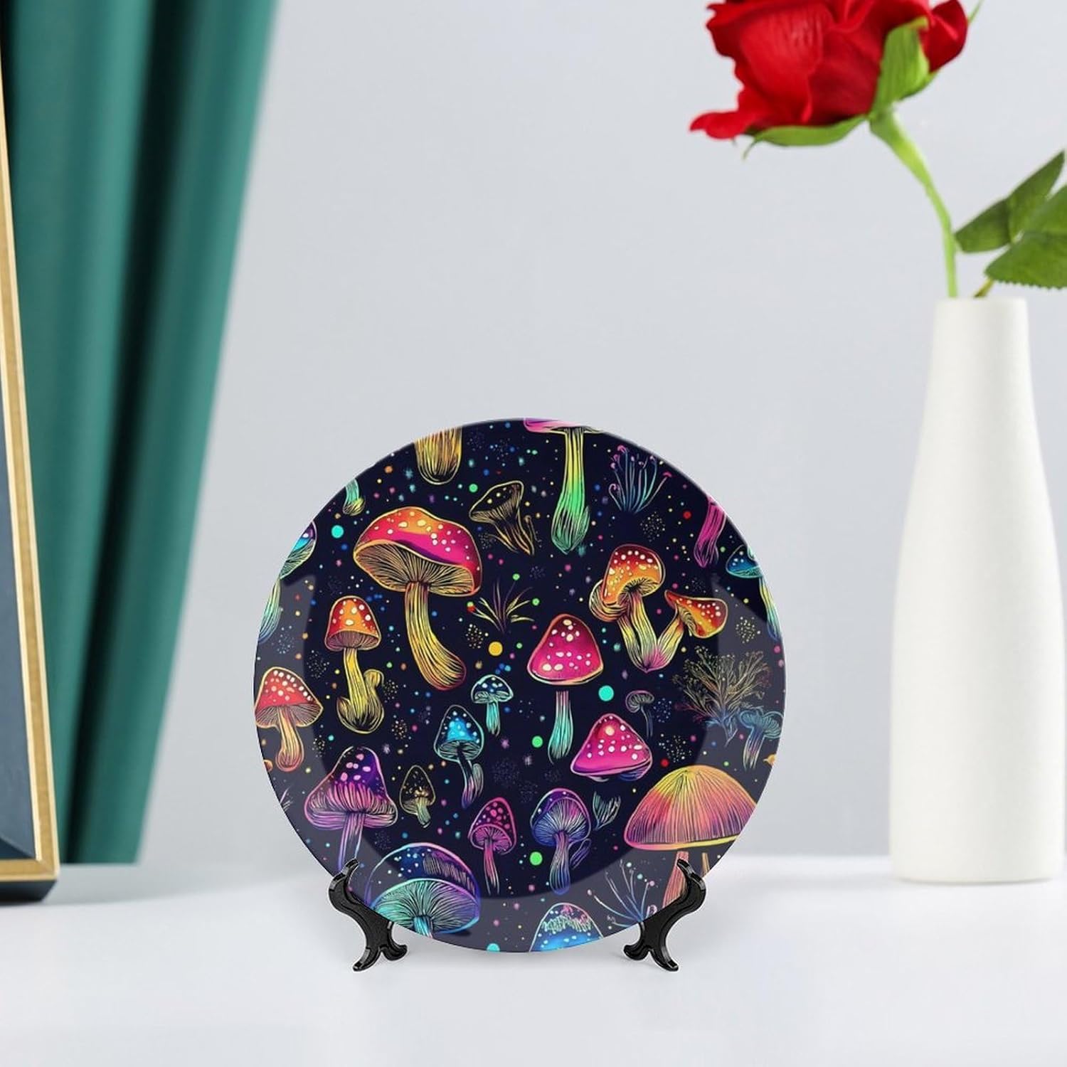 Trippy Magic Mushroom Bone China Decorative Plate with Stand Home Dessert Plates Gift for Men Women 6inch
