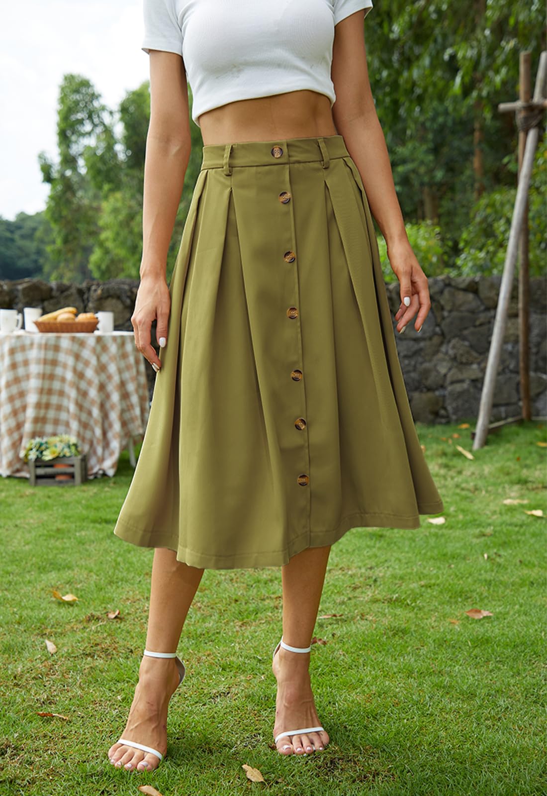 JayscreateEU Jupe midi pour femme, jupe longue, taille haute, longueur genou, ligne A, avec poches - Jupe d'été plissée, maxi jupe d'automne avec franges, vert, XXL