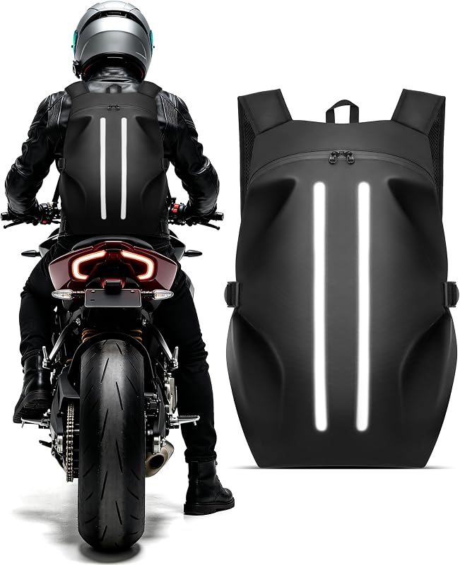 Motorcycle Backpack with Helmet Holder, 40L Water-Resistant Riding Backpack | for Men Women, Hard Shell Motorbike Bag with Laptop Pocket, Dual Reflective Strips, Chest Strap, Commuter Touring Biker Gear