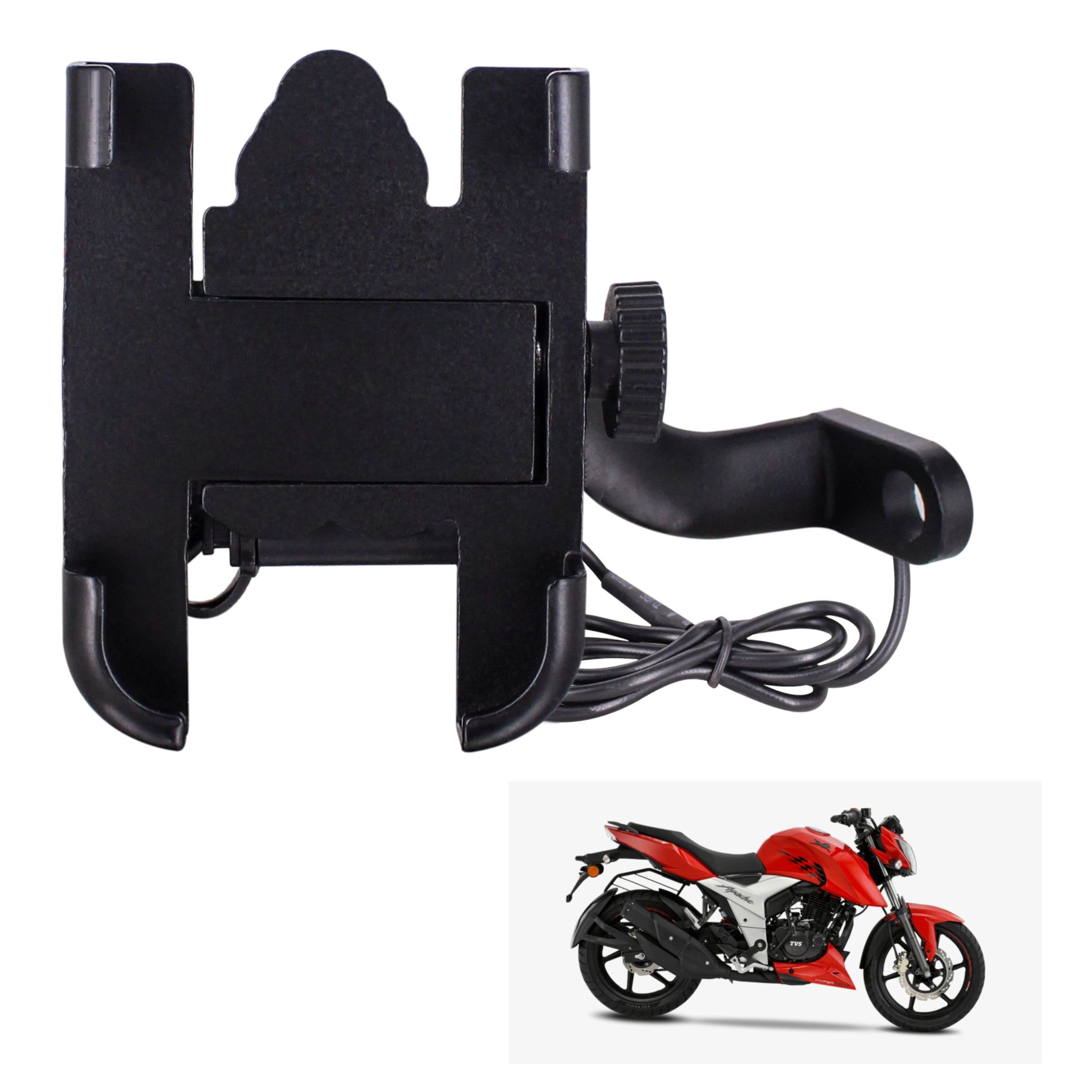 Asryd CNC Bike Mount Holder for Navigation 360 Degree Rotating Handlebar Metal Body Cradle Stand Fits for All Smartphones (CNC Metal Holder with USB Charger) for TVS Apache RTR 160 4V (Pack of 1Pcs)-image-46