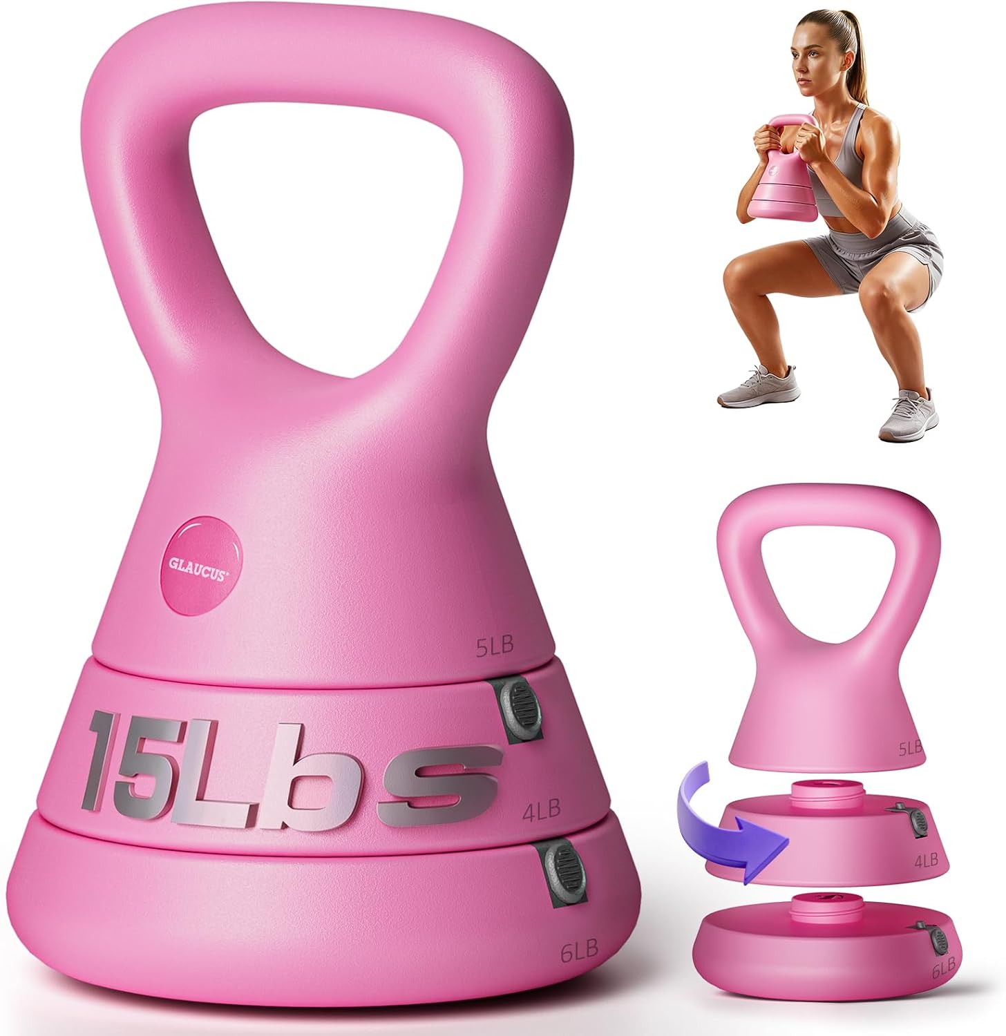 Adjustable Kettlebell, 5lb 9lb 15lb Kettlebell Weights Set, Ergonomic Design & Wide-Handle for Home Gym, Full-Body Workouts Strength Training and Weight Loss, Good for Men Women & Beginners
