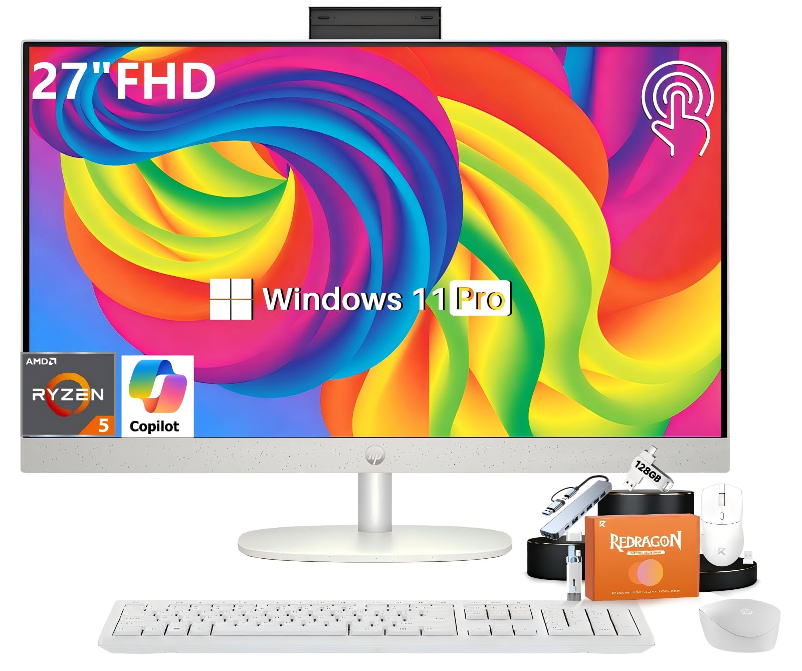 HP 27" All-in-One FHD Touchscreen Desktop Computer, AMD Ryzen 5 7520U Processor, 16 GB LPDDR5 RAM, 2 TB SSD, AMD Radeon Graphics, Wi-Fi 6, Bluetooth 5.3, Windows 11 Pro, Wireless Keyboard and Mouse