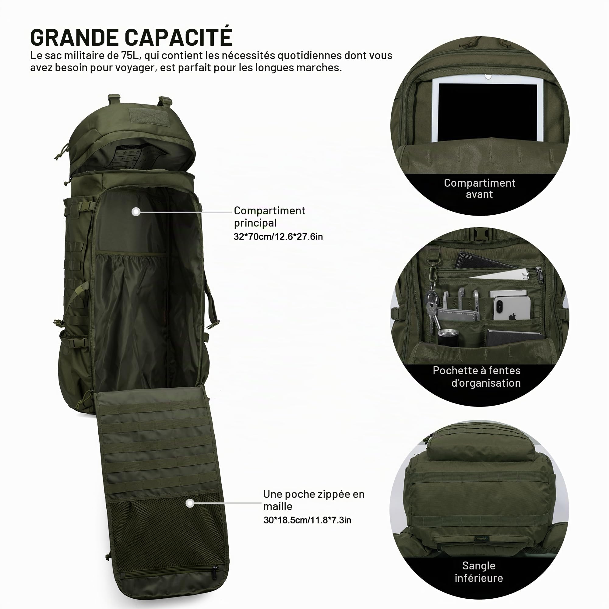 Mardingtop Sac à dos militaire 75L Sac à dos de randonnée avec housse de pluie，MOLLE-system Sac à dos de trekking Grande capacité Backpack pour le trekking,la randonnée et le camping