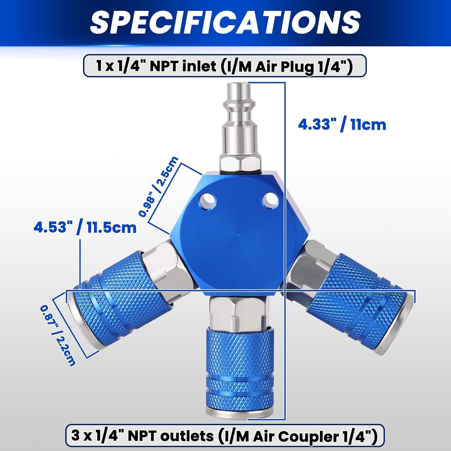 Air Manifold, 3-Way 1/4" NPT Air Compressor Manifold with Quick Connect Fittings, 3-Way Air Hose Fittings Splitter with 3pcs 1/4" NPT Couplers & 1pcs Plug for Air Compressor Fittings