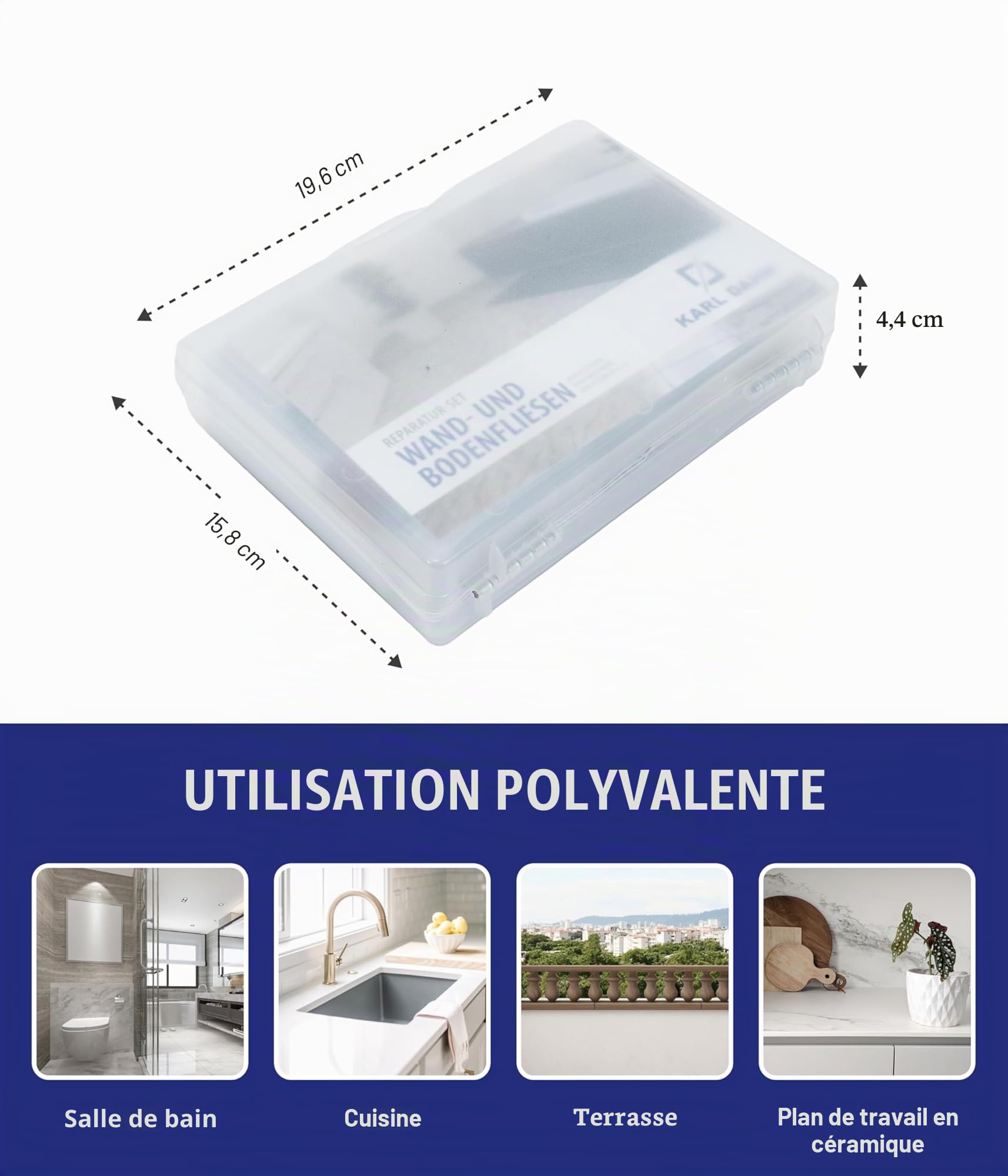 Karl Dahm Kit de Réparation Carrelage Professionnel, Répare Éclats, Fissures et Trous, Résultat Invisible, Hartwachs Renforcé, Résistant à la Chaleur, Idéal Salle de Bain et Cuisine, Facile à Utiliser