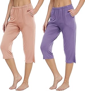 Pantalon Pijama Mujer Modal Pantalon 3/4 Largo Verano Cintura con Cordón Ajustable 2 Pantalón Pijama Pack