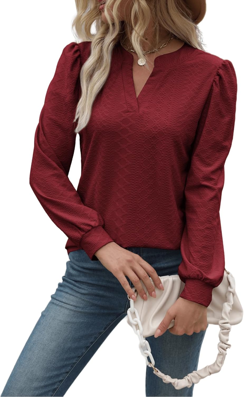 Women Tops Blouse Causal Shirts Puff Long Sleeve Tunic V Neck