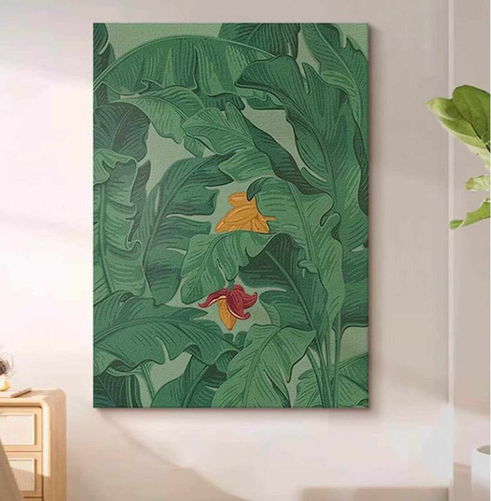 Peinture à l'huile feuille de bananier verte faite main sur toile de lin