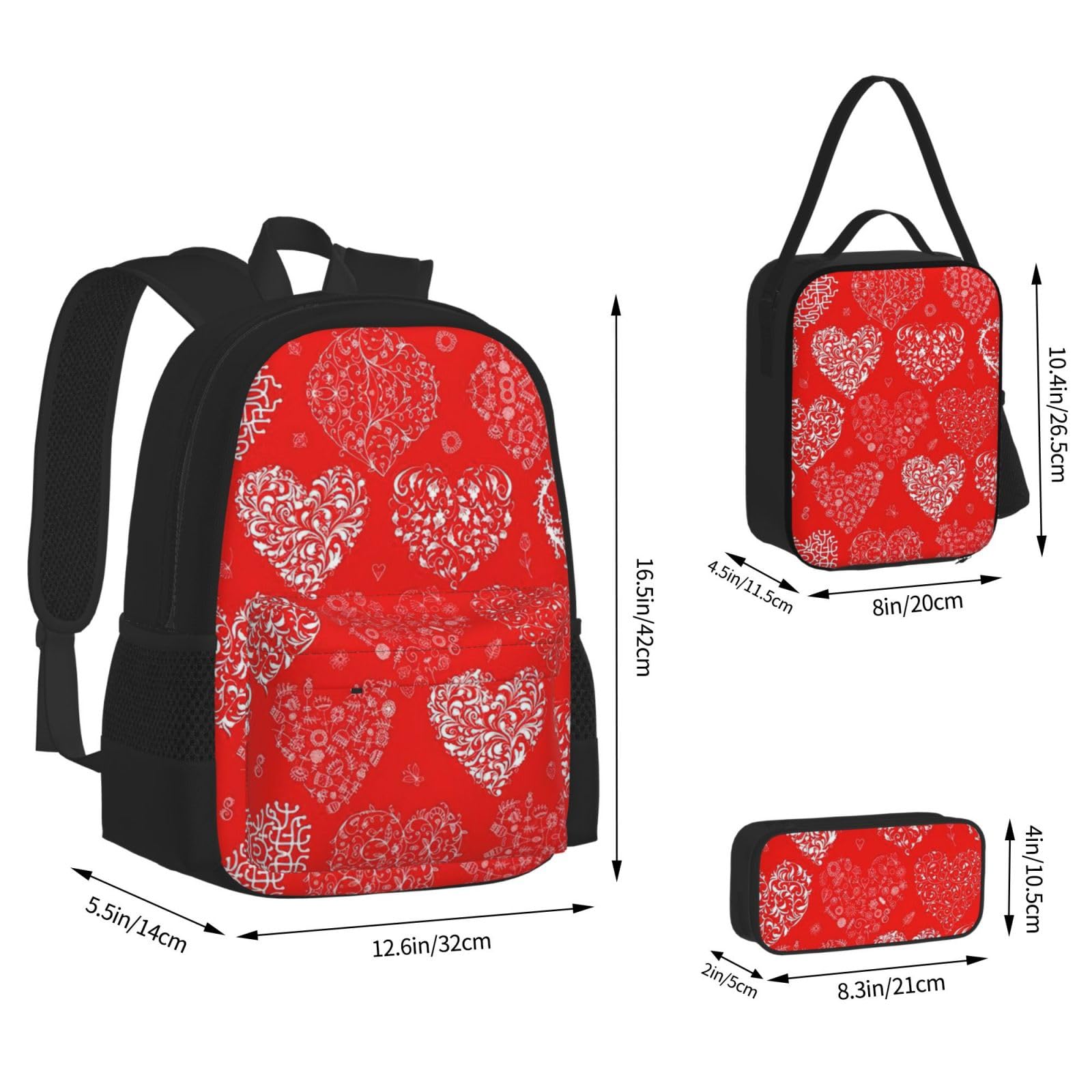 Juego de 3 mochilas escolares con estampado de amor, mochila para laptop resistente al agua de gran capacidad con bolsa de almuerzo aislada y estuche para lápices para adolescentes de