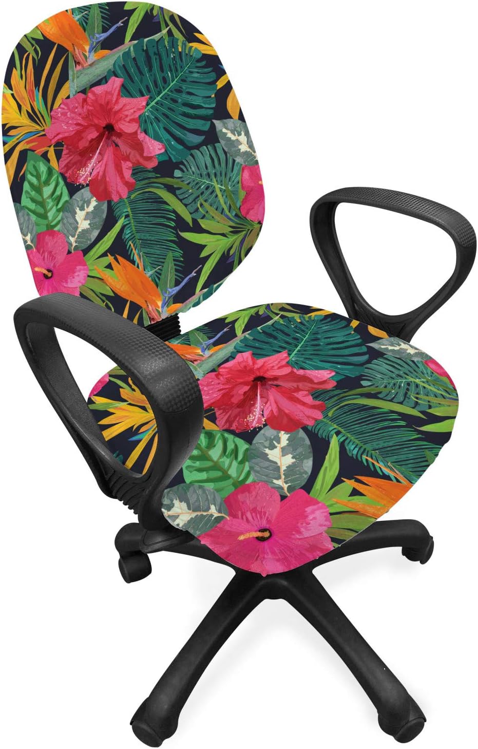 Ambesonne Tropical Office Chair Slipcover, Awakening Close Up Arrangement of Island Leaves Flowers Hawaiian Hibiscus, Protective Stretch Decorative Fabric Cover, Standard Size, Green Hot Pink Mustard