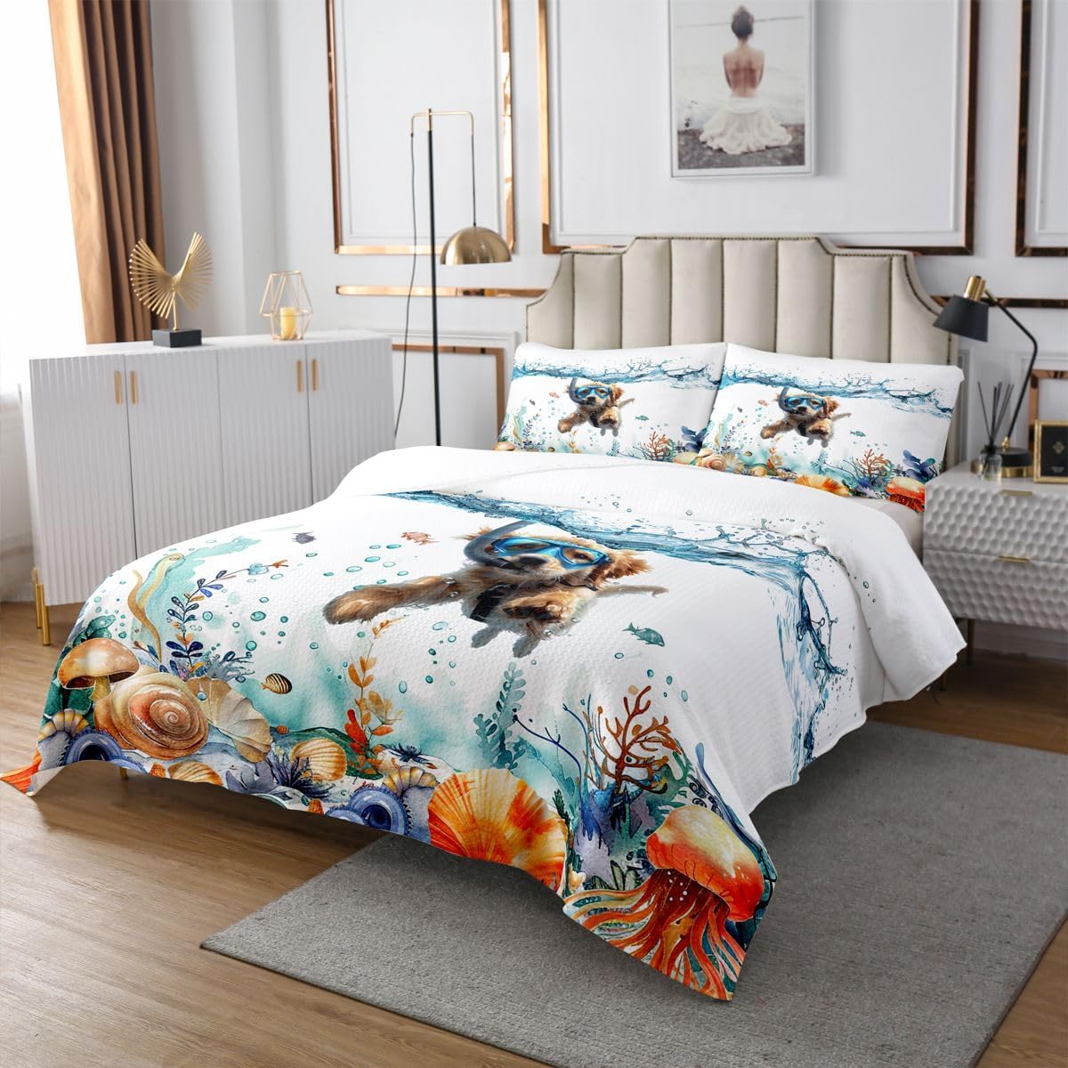 Homewish Swimming Dog Quilt Sets Twin Size,Ocean Diving Dog Bedspread Coverlet 2Pcs for Kids Girls Boys Room Decor,Sea Coral Shell Jellyfish Quilts Set Pet Animal Bedding Comforter,1 Pillowcase