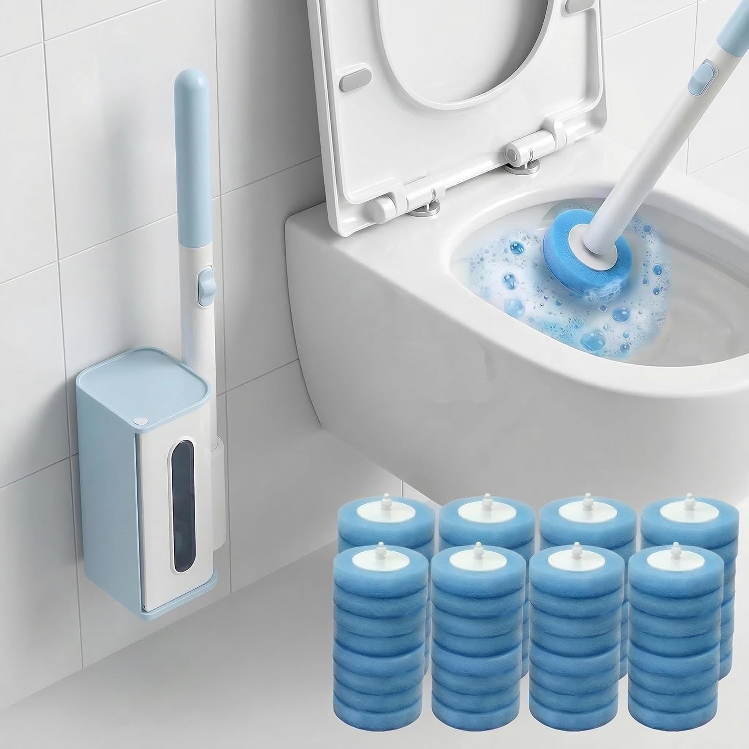 Disposable Toilet Brush and Holder Set with 64 Replacement Heads, Economical Home Toilet Cleaner Wand for Easy Refill Replacement, Compact Hygienic Toilet Bowl Brush for Family Bathroom