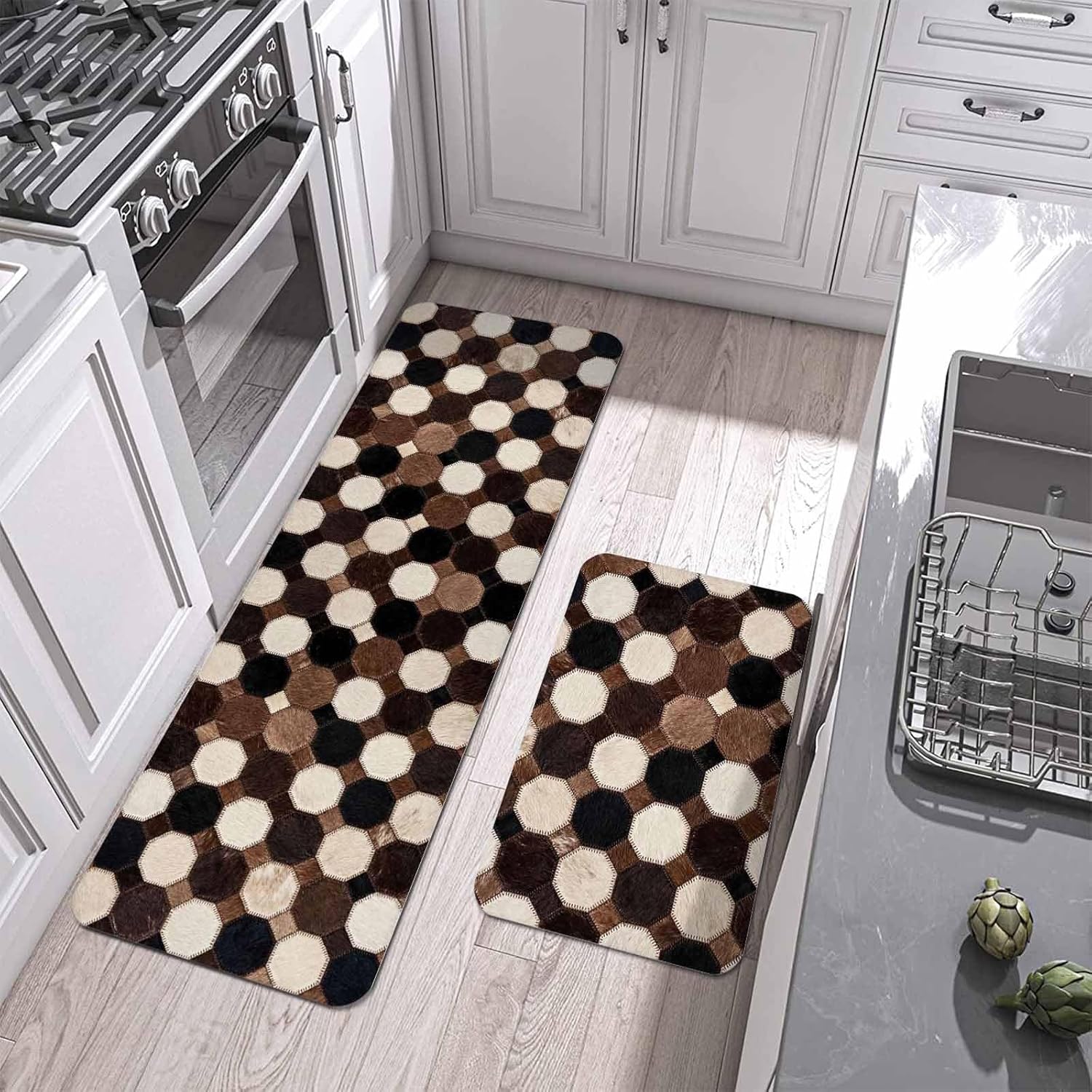 Round Patchwork Kitchen Mat Set 2 Pieces Western Ethnic Abstract Black Brown White Fur Style Non Slip Kitchen Rugs Washable Runner Rug Mats for Floor Sink Laundry Office 23.6" x 35.4"+23.6" x 70.9"