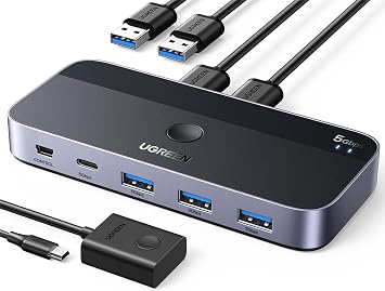 UGREEN USB 3.0 Switcher, Supports 2 PCs, USB-C & A Devices, 5 Gbps, High Speed Transfer, USB Switching, Printer / Mouse / Keyboard, Hub and More, Remote Control & Switch Button, Switcher, 2 USB Cable | 4-Port Switcher, Computer Sharing Keyboard, Mouse, Webcam Microphone Headphone, 2 x 3.0 Data Cable and Remote Control