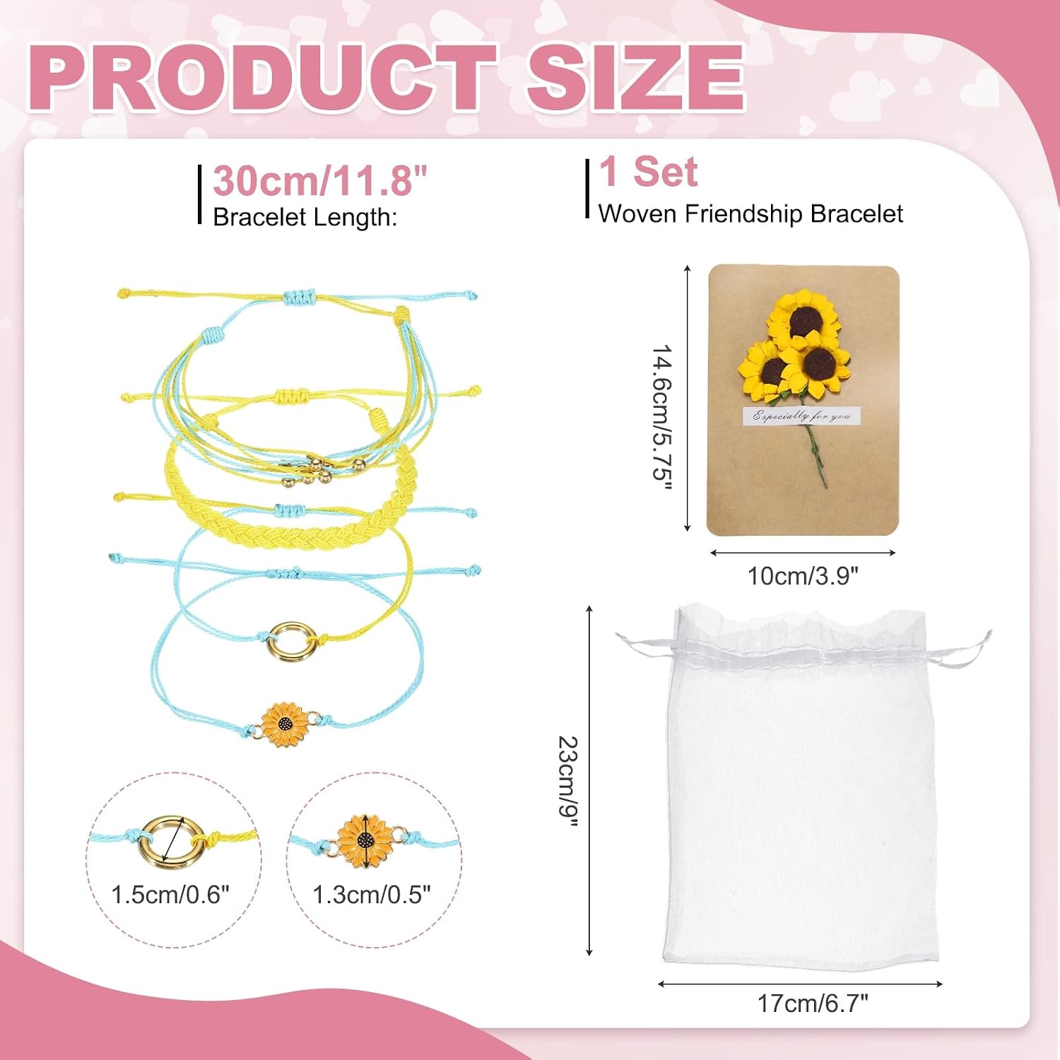 MECCANIXITY Sunflower Bracelets Bohemia Surf Friendship Bracelets Adjustable Sunflower Braided Rope String Set with Card & Mesh Bag