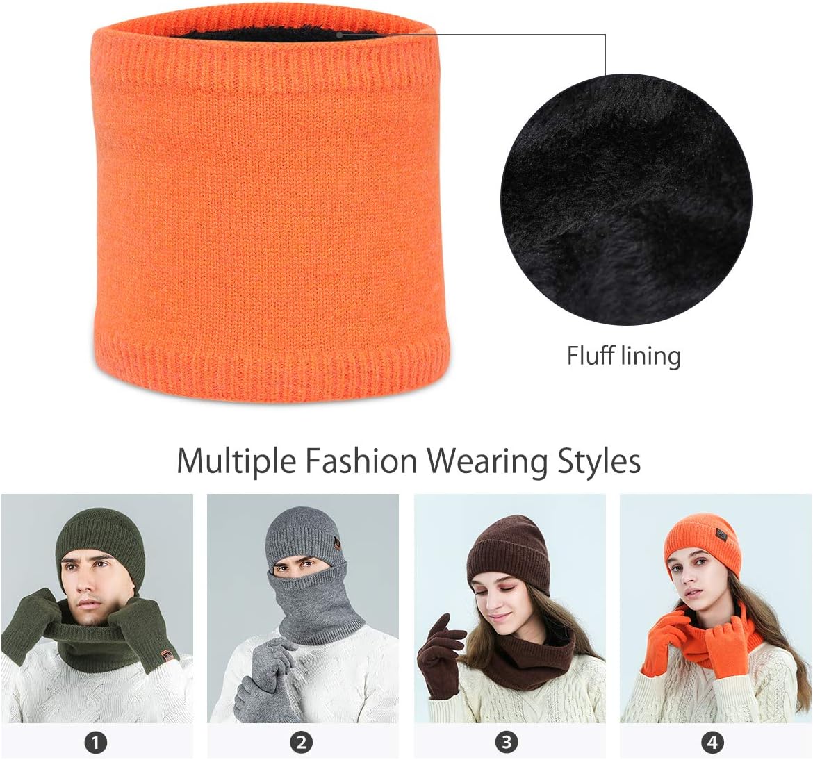 LumiSyne Winter Knitted Beanie Hat Scarf Infinity Touch Screen Gloves Set Men Women Skull Cap Neck Warmer Angora Fabric