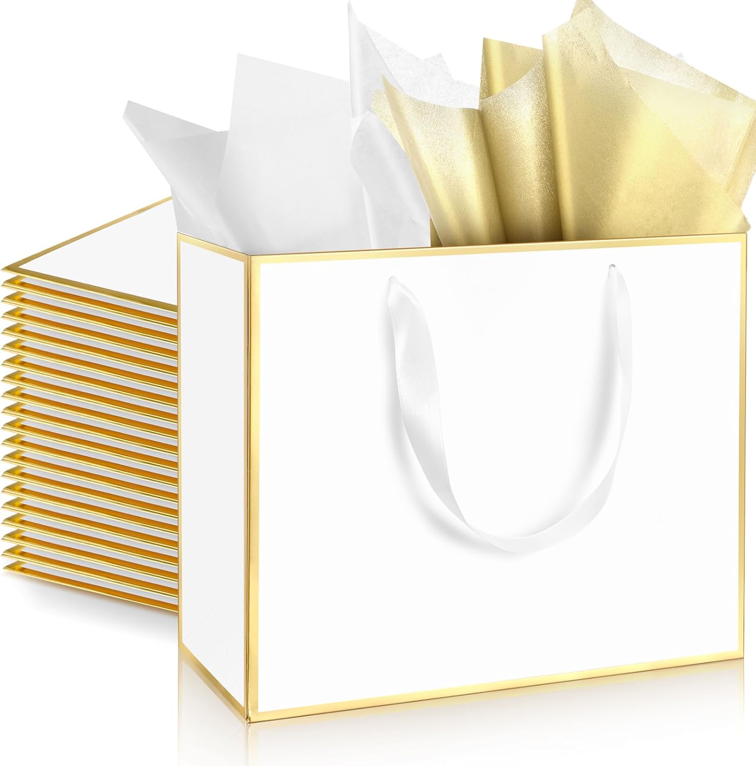 ReliThick Metallic Paper Gift Bag with Handles and Tissue Paper 11.8 x 10 x 4'' Thank You Favor Bag for St. Patrick's Day Wedding Bridesmaid Groomsman 5 Senses Gifts(White, Gold)