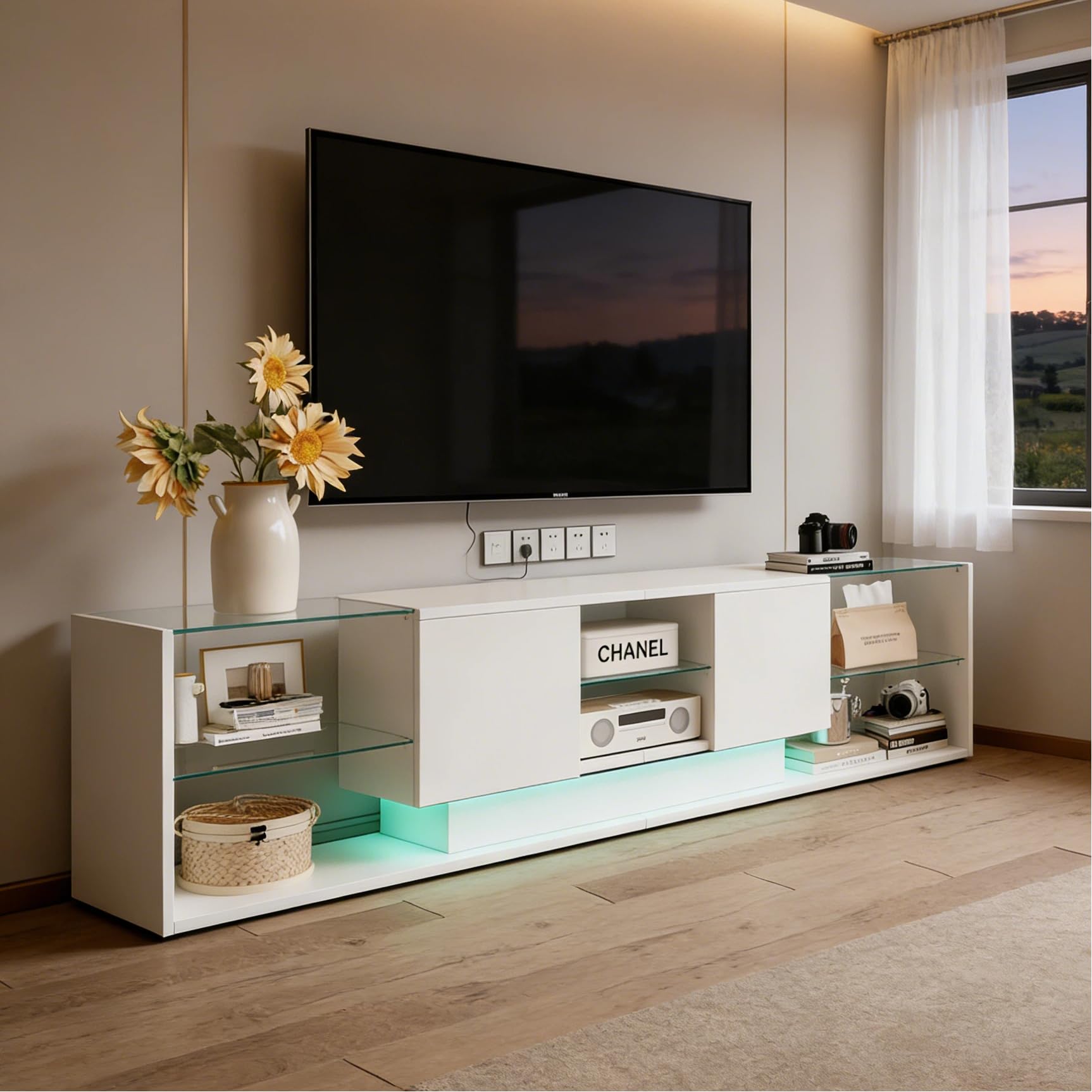 Meuble TV LED 200 cm, Meuble Télé Bas Moderne Brillant avec 2 Compartiments de Rangement et Étagère en Verre, Banc TV avec Rangement pour Salon, Design Contemporain, Blanc
