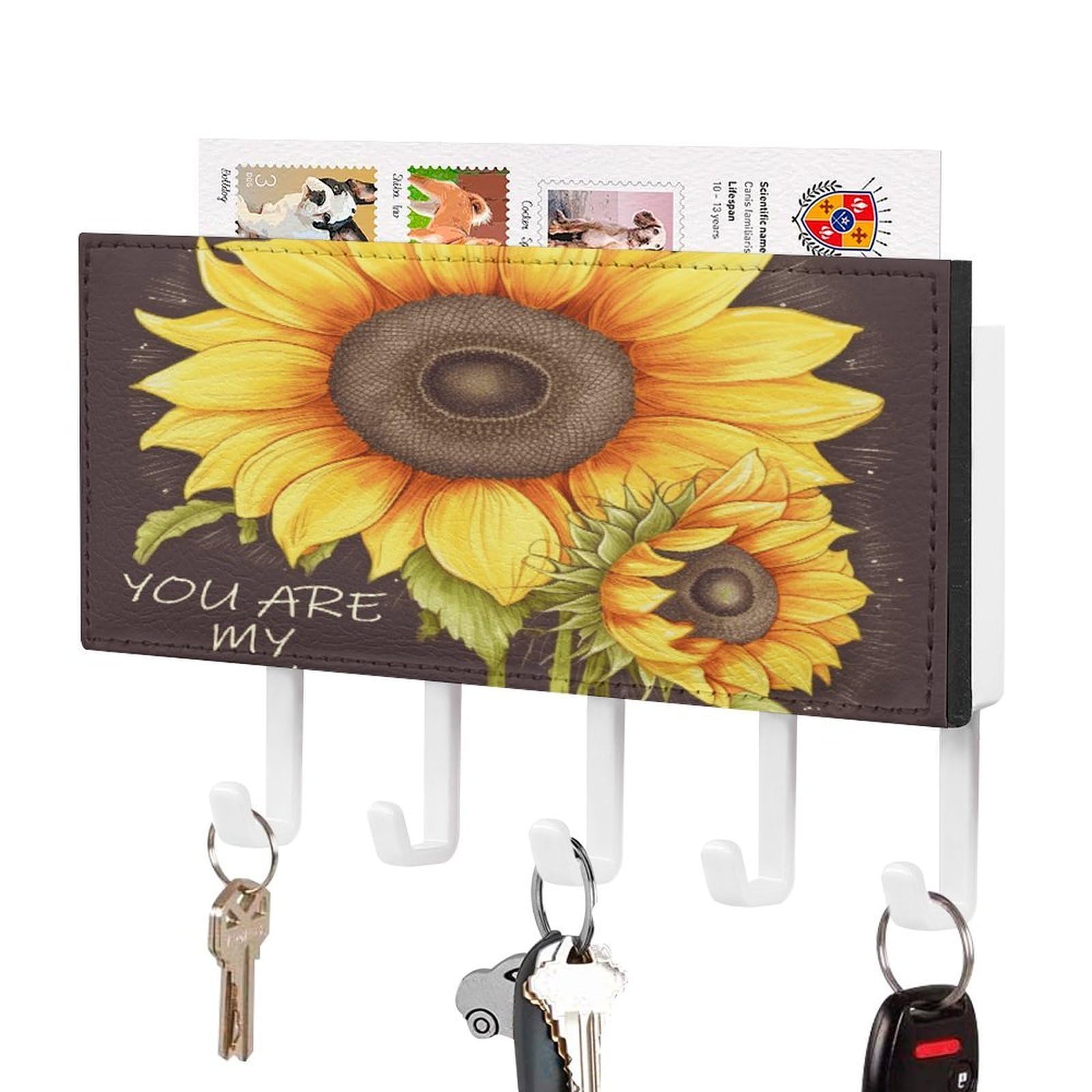 Fekiloot White-Style You Are My Sunshine Sunflower Key Holder For Wall Decorative Mail Organizer With 5 Key Hook Self Adhesive Key Rack With Tray Coat Rack Wall Mount Key Hanger Decor For Entryway Door