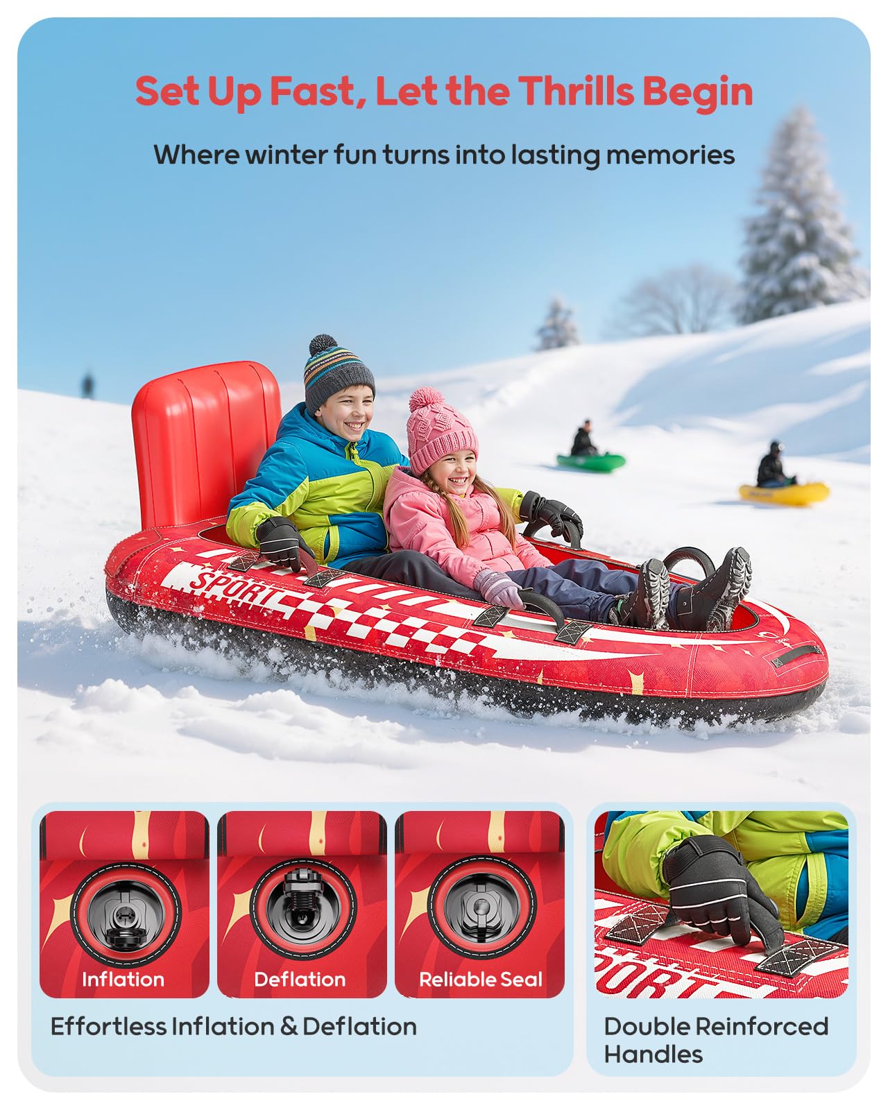 QPAU Trineo de nieve inflable para 2 personas con cubierta de lona, respaldo y asas reforzadas