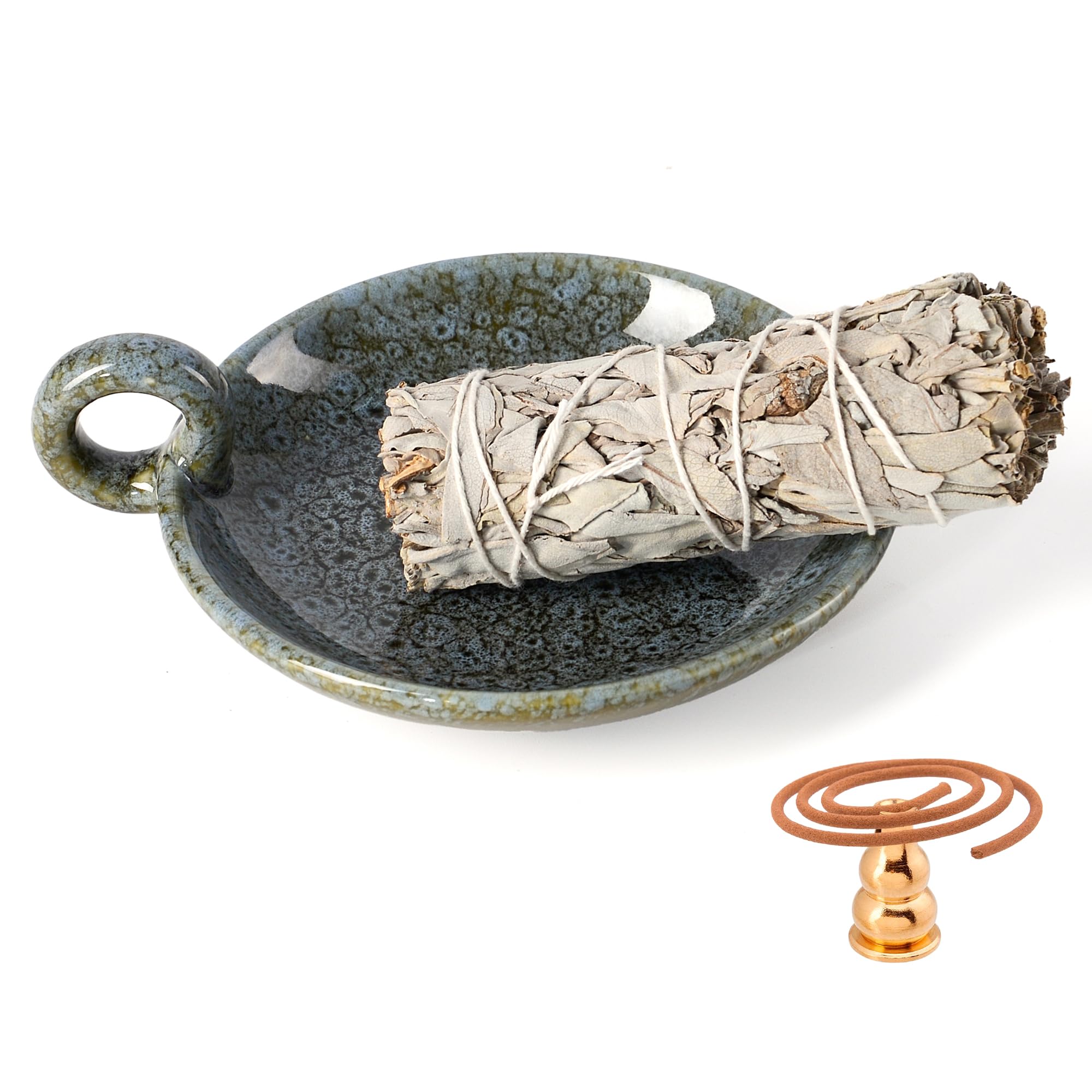 MKLZ 3 in 1 Palo Santo Holder, Sage Holder for Burning, Sage Tray with Incense Burner Holder for Sticks, Smudge Pot, Sage Burner Bowl, Ceramic Ash Catcher Tray for Meditation Room (Blue Grey)