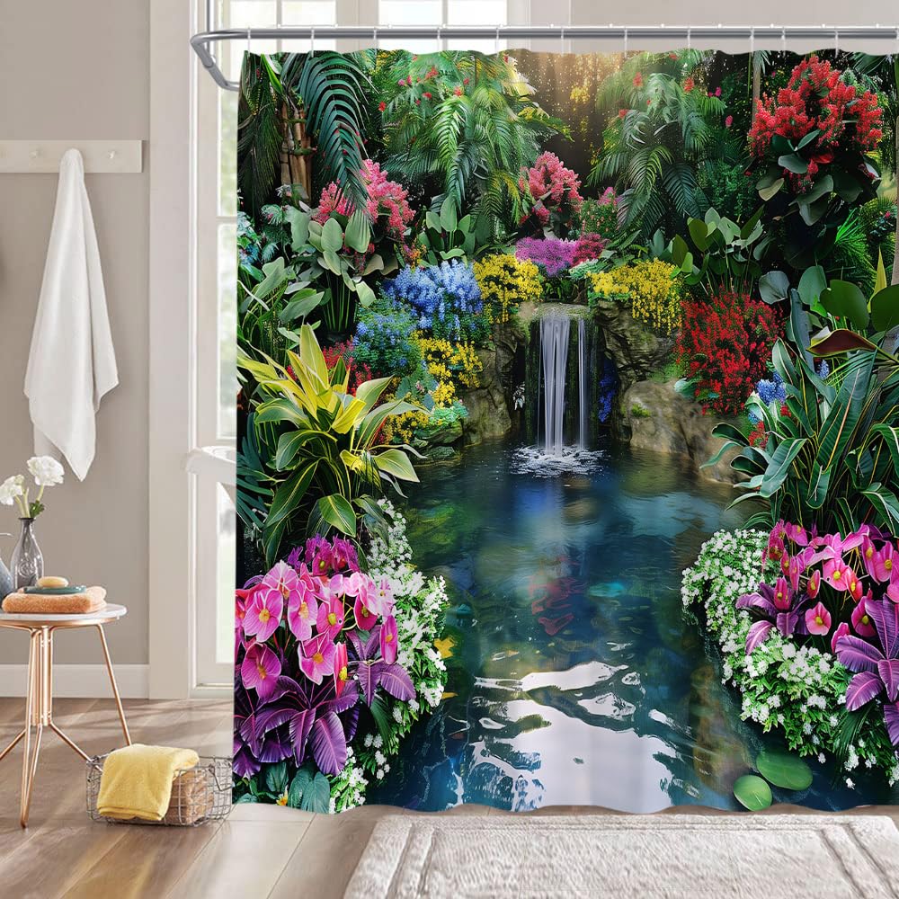 GCTNBJL Tropical Landscape Shower Curtain Forest Jungle Waterfall Floral Leaves Plant Rainforest Garden Scenic Green Bathroom Home Curtain with Hooks,
