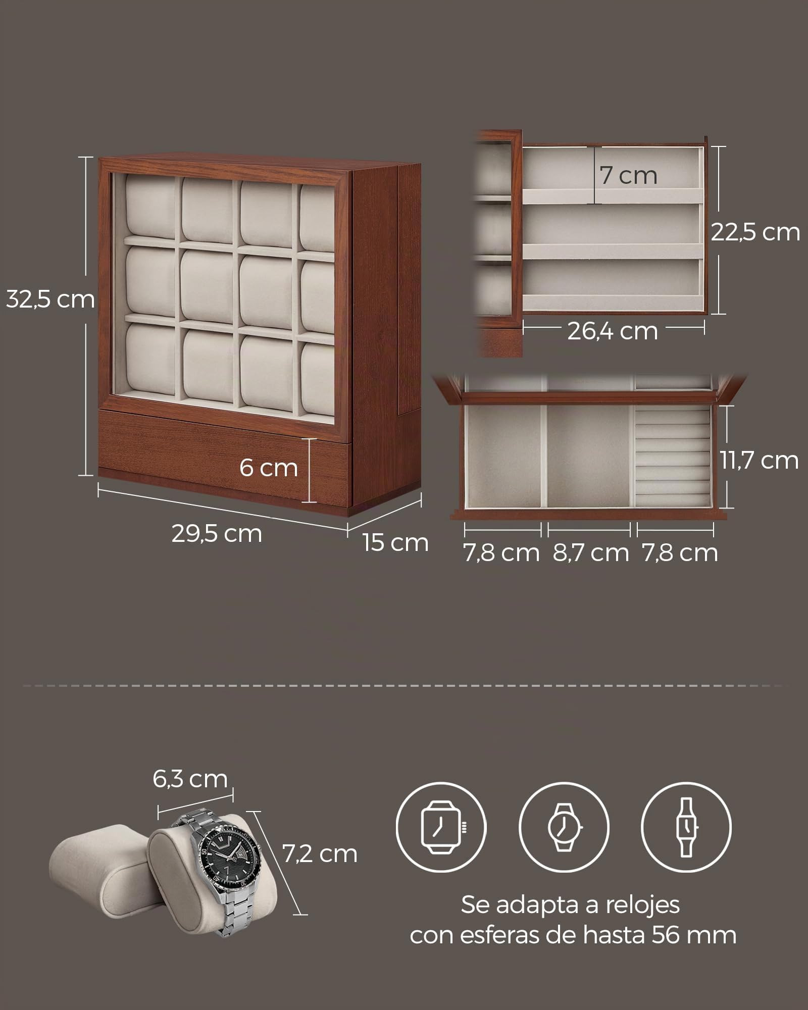 SONGMICS JOW014K01 Caja de relojes con 12 cajones, caja de reloj de madera con ventana, gabinete de exhibición de madera de chapa maciza, almacenamiento vertical, ahorro de espacio, idea