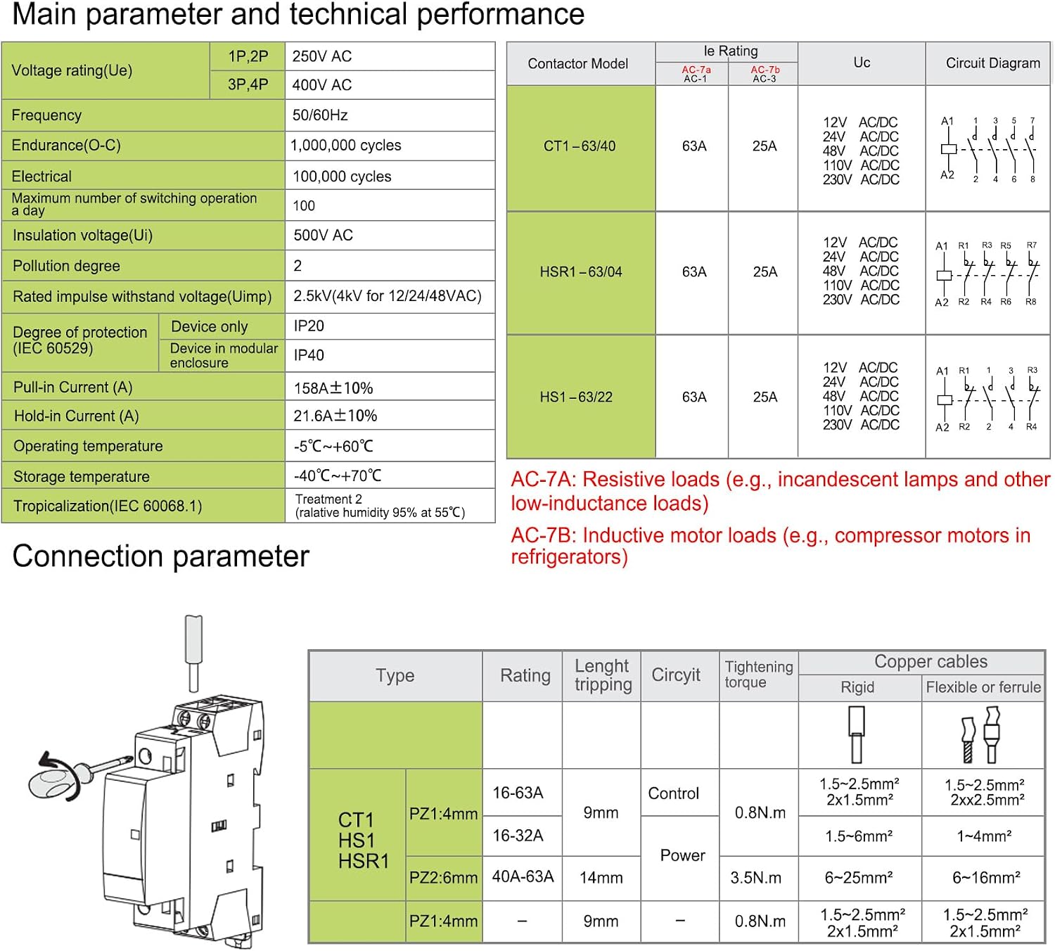 Heschen Household AC Contactor, CT1-63, Ie 63A, 4 Pole Four Normally Open, AC 24V Coil Voltage, 35 mm DIN Rail Mount