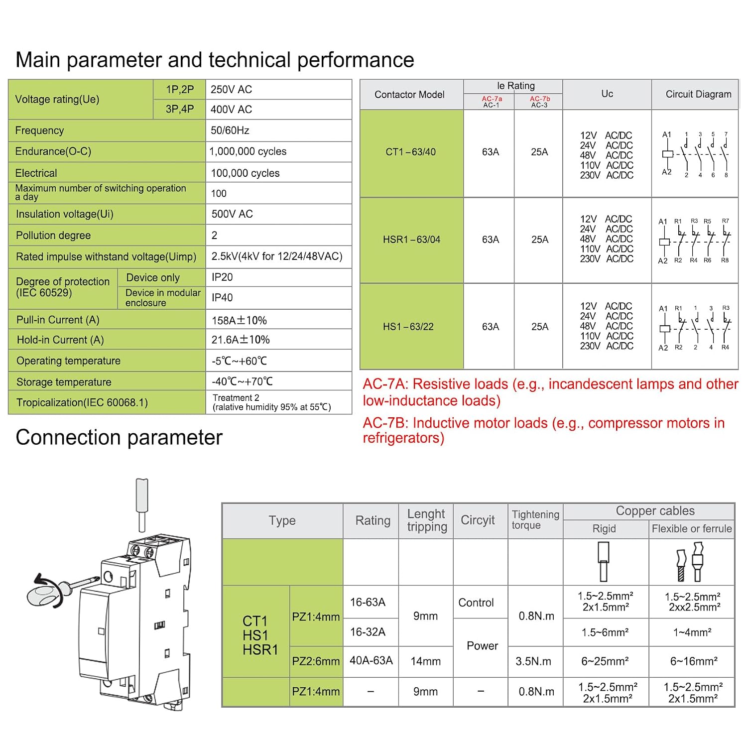 Heschen Household AC Contactor HSR1-63 4 Pole Four Normally Closed 220V/240V Coil Voltage 35mm DIN Rail Mount