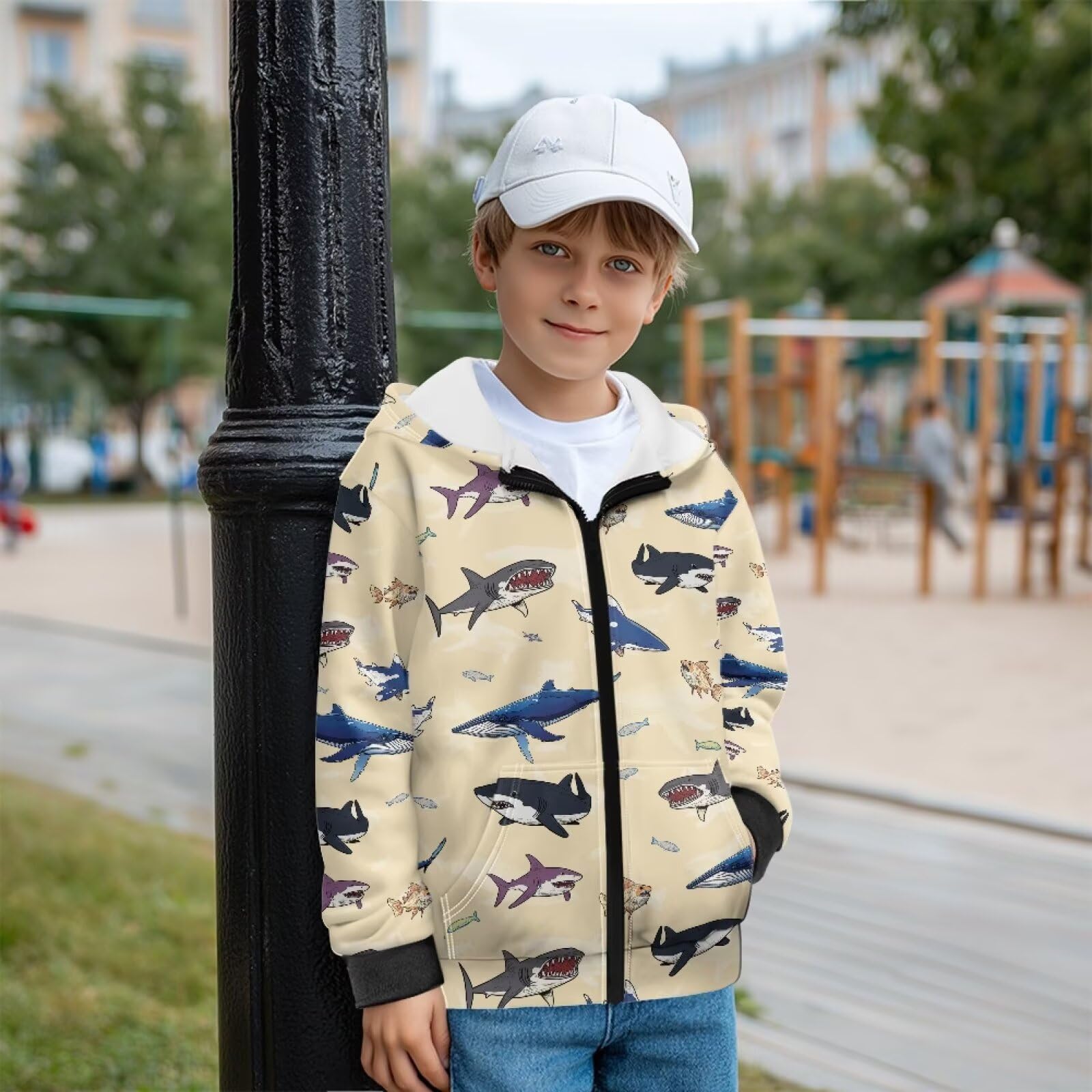 Xoenoiee Dziecięce bluzy z kapturem dla chłopców, zapinana na zamek, bluza 3D, fajna grafika zwierzęca, sweter z długim rękawem, top na jesień i zimę, Beżowe rekiny, 6-8 Years