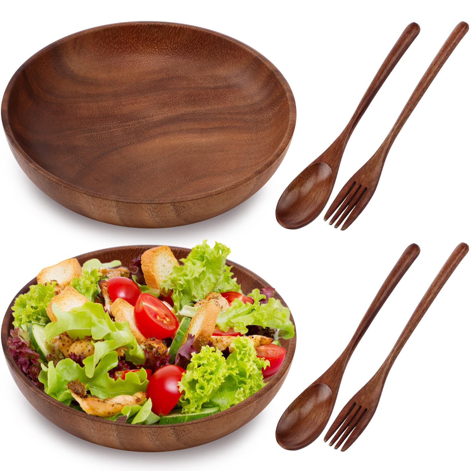 6 Pcs Large Natural Acacia Wooden Bowl Forks Spoons Set 7.87" D x 1.77" H Salad Bowls and Wooden Forks and Spoons Dessert Platter Tray Dish Set Ideal for Serving Fruit Dessert