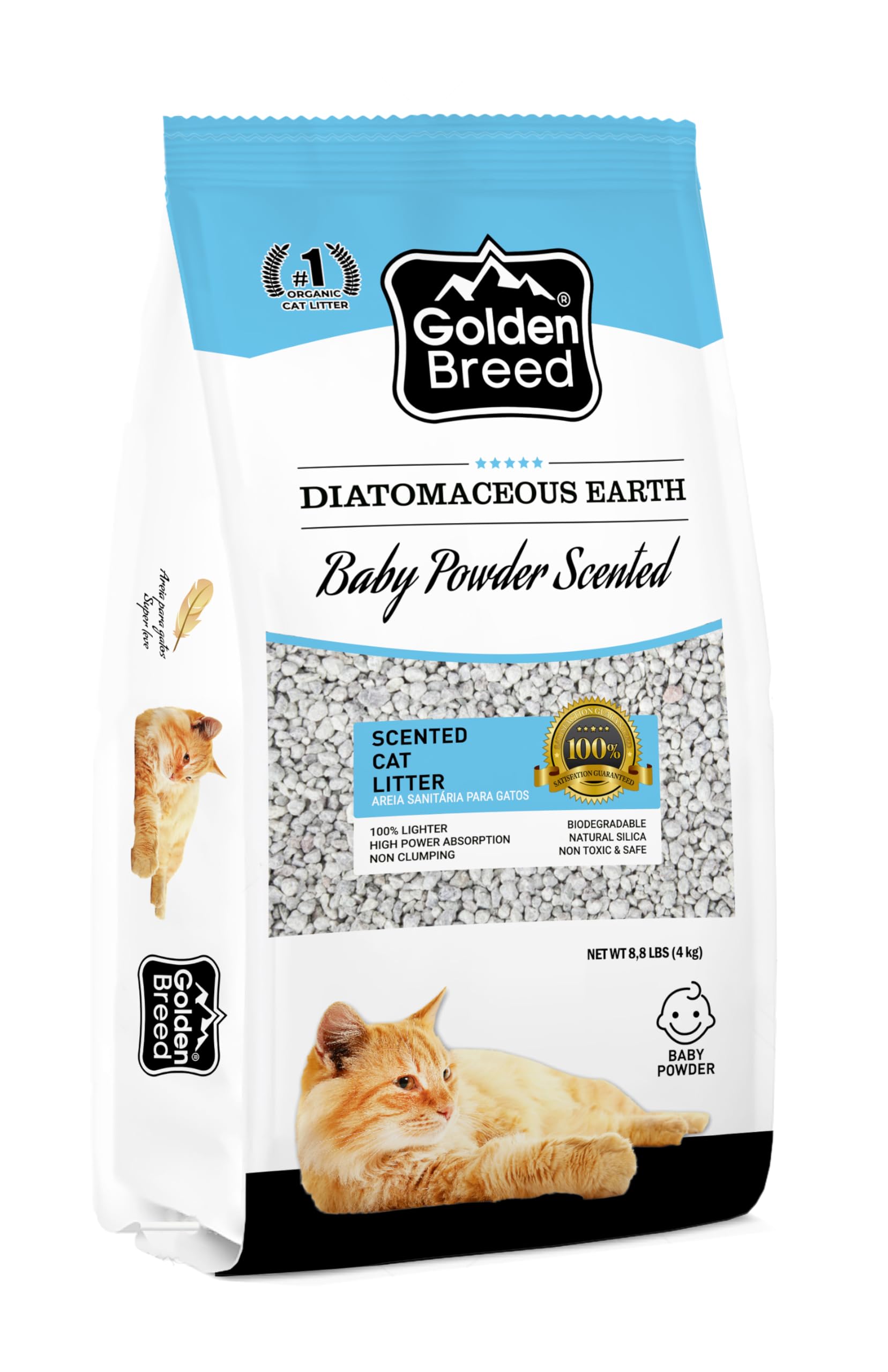 Golden Breed - Baby Powder Scented, Natural, Lightweight, Diatomaceous Earth, Non-Clumping, Superior Odor Control, Eco-Friendly, 8.8 lb