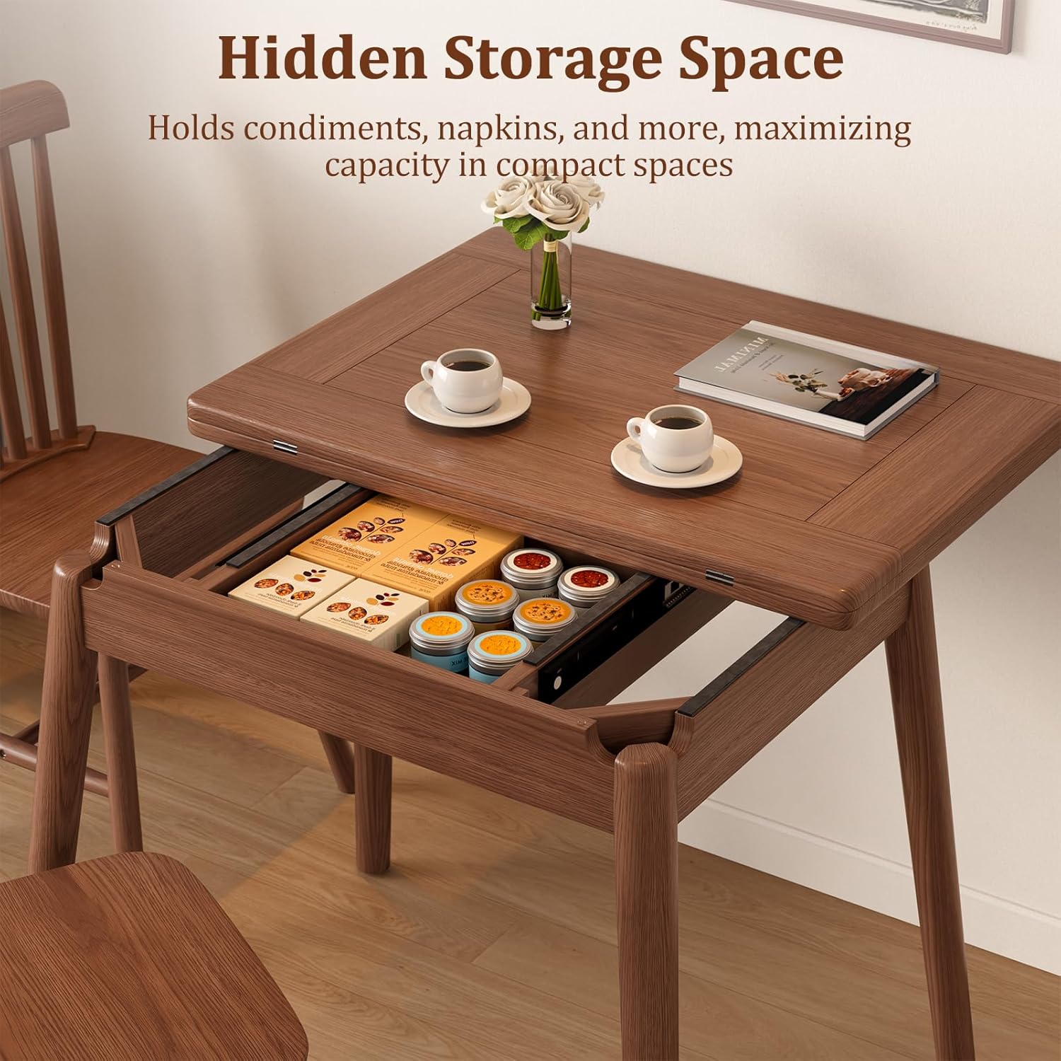 Solid Wood Small Dining Table for 2-6, 23.6"L-47.2"L Expandable Kitchen Table, Designed for Small Spaces, Easy Assembly, Suitable for Kitchen, Dining Room, Living Room, Apartment (Walnut)