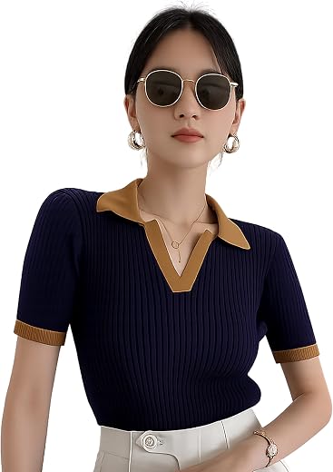London Hills Women Ribbed Knit Polo Neck Top Slim Fit Crop &amp; Regular Length T-Shirt Style Top Stretchable Polo Neck Top Sl...