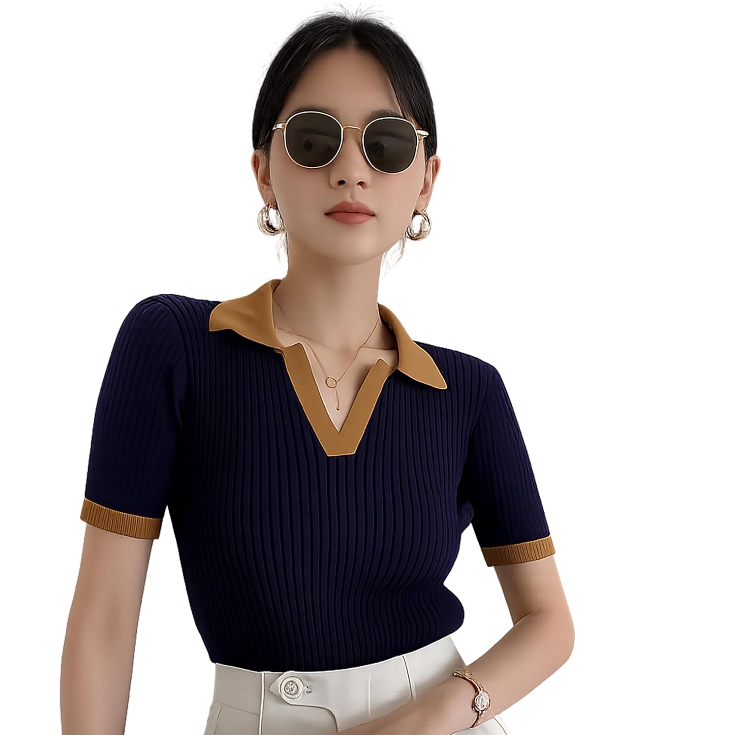 London Hills Women Ribbed Knit Polo Neck Top Slim Fit Crop & Regular Length T-Shirt Style Top Stretchable Polo Neck Top Sl... - Review, Price and Buying Guide