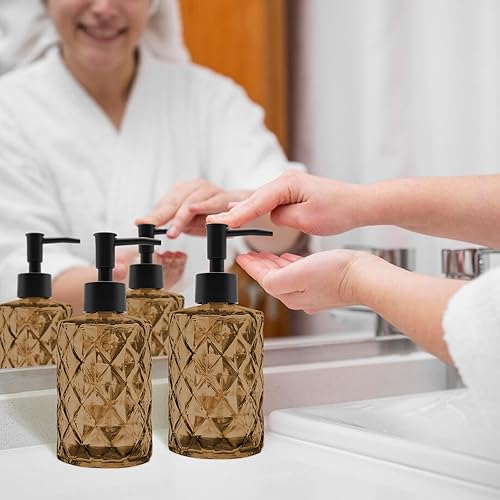 Miniatura 5 de Paquete de 2 dispensadores de jabón de vidrio ámbar de 12 onzas con bomba de plástico negro, botellas de jabón líquido recargables para manos, baño,