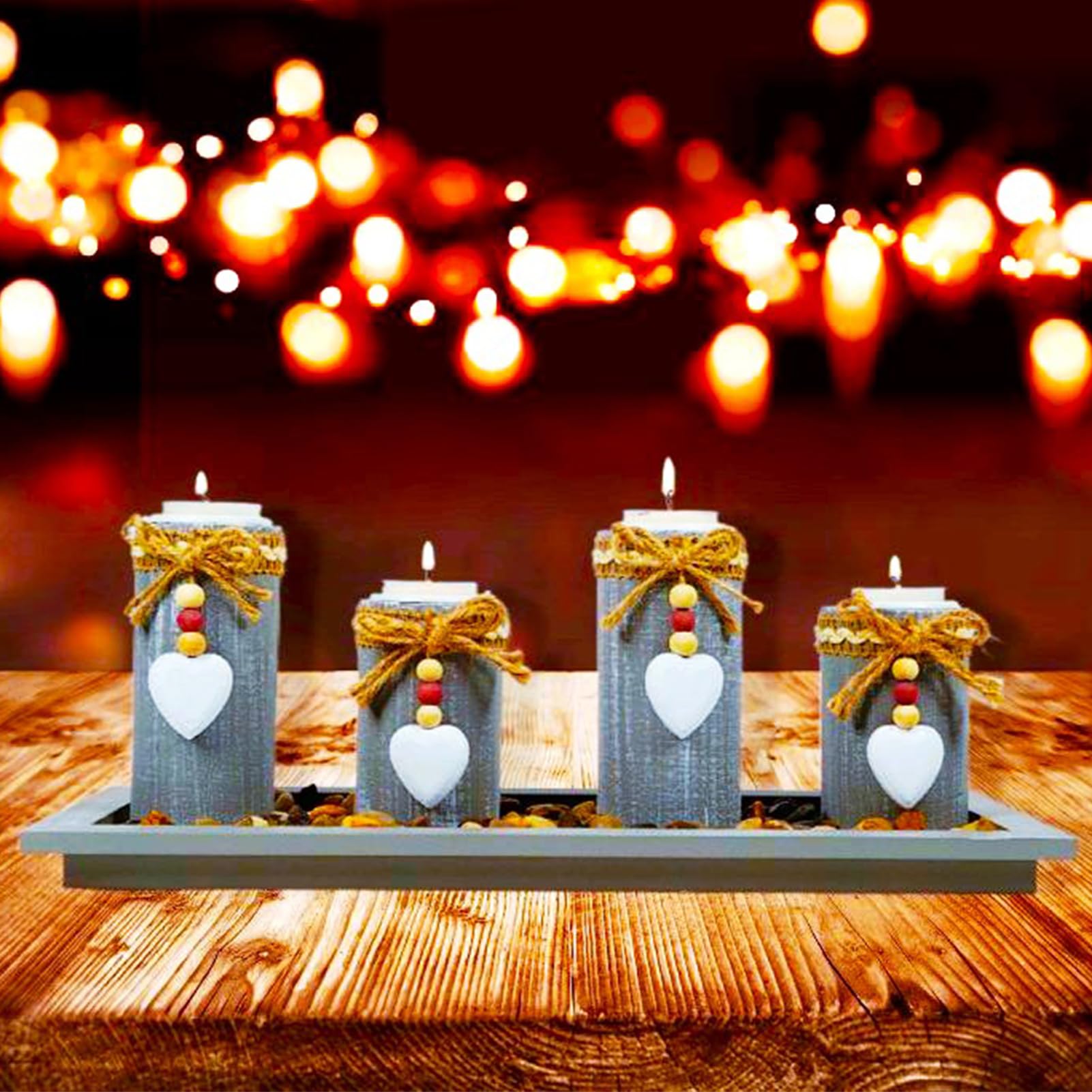 Wooden Candle Holders Centerpieces for Living Room Coffee Table Decorations,Farmhouse Table Decor Tealight Candles Holders with Rustic Tray,Candlesticks for Home Decoration Fireplace Kitchen