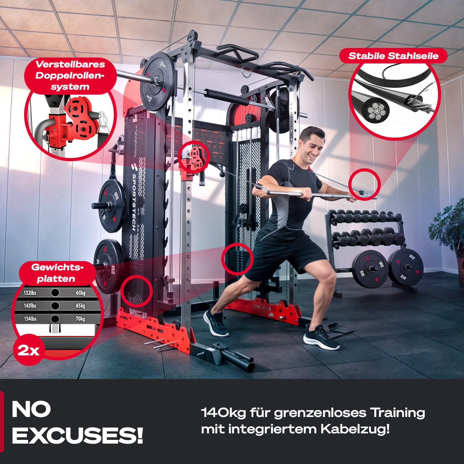Sportstech SXM200 Smith Machine für Zuhause, Power Rack mit Kabelzug, Klimmzug, Langhantelstange, Bench Press, Multipresse, 140kg Trainingsgewicht, Kraftstation inkl. Griffe, Multifunktional, Home Gym