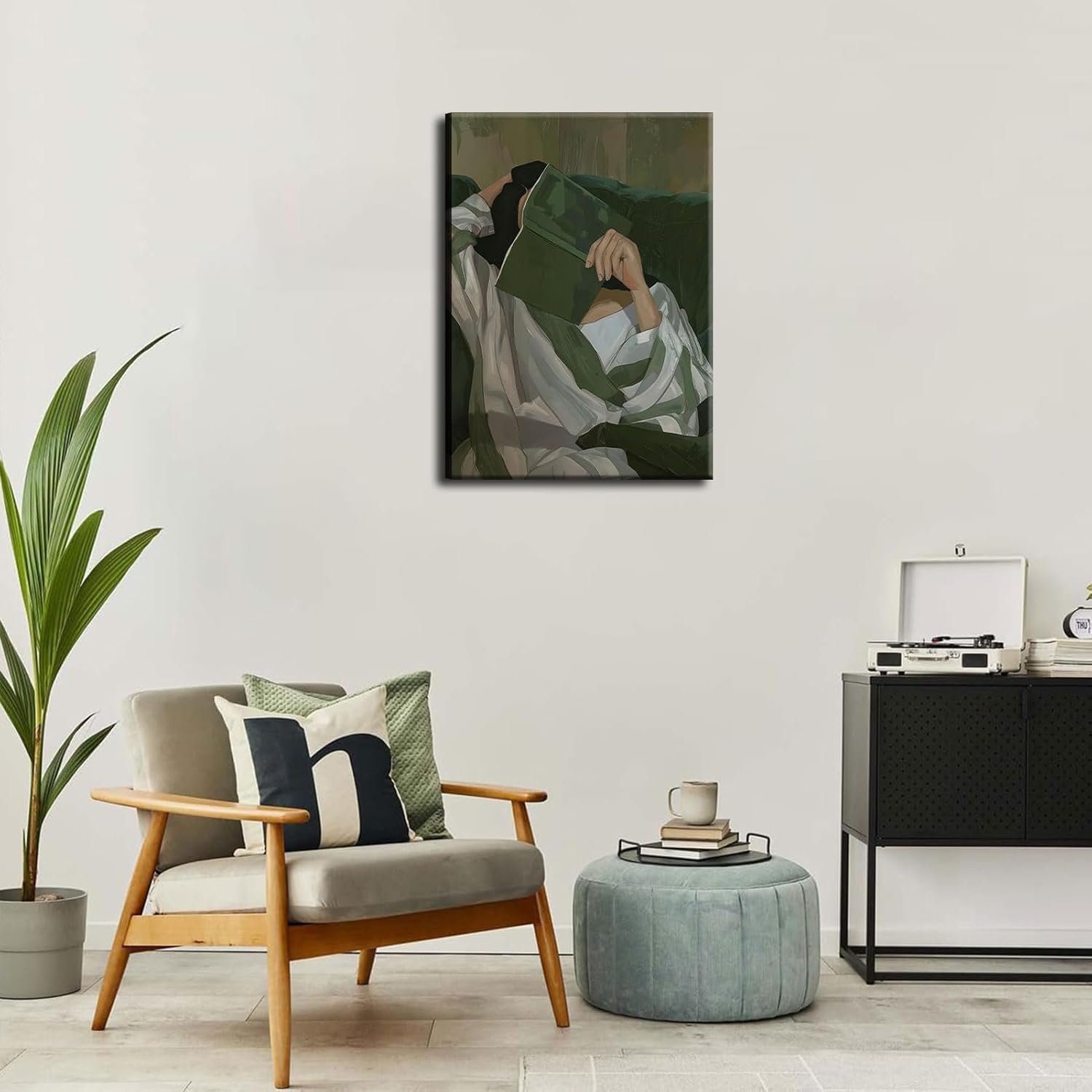 Emerald Green Reading Woman Canvas Wall Art Abstract Cozy People Wall Decor Pictures Minimalist Green Feminine Aesthetic Poster Print for Bedroom Living Room Home Decoration 16x24in