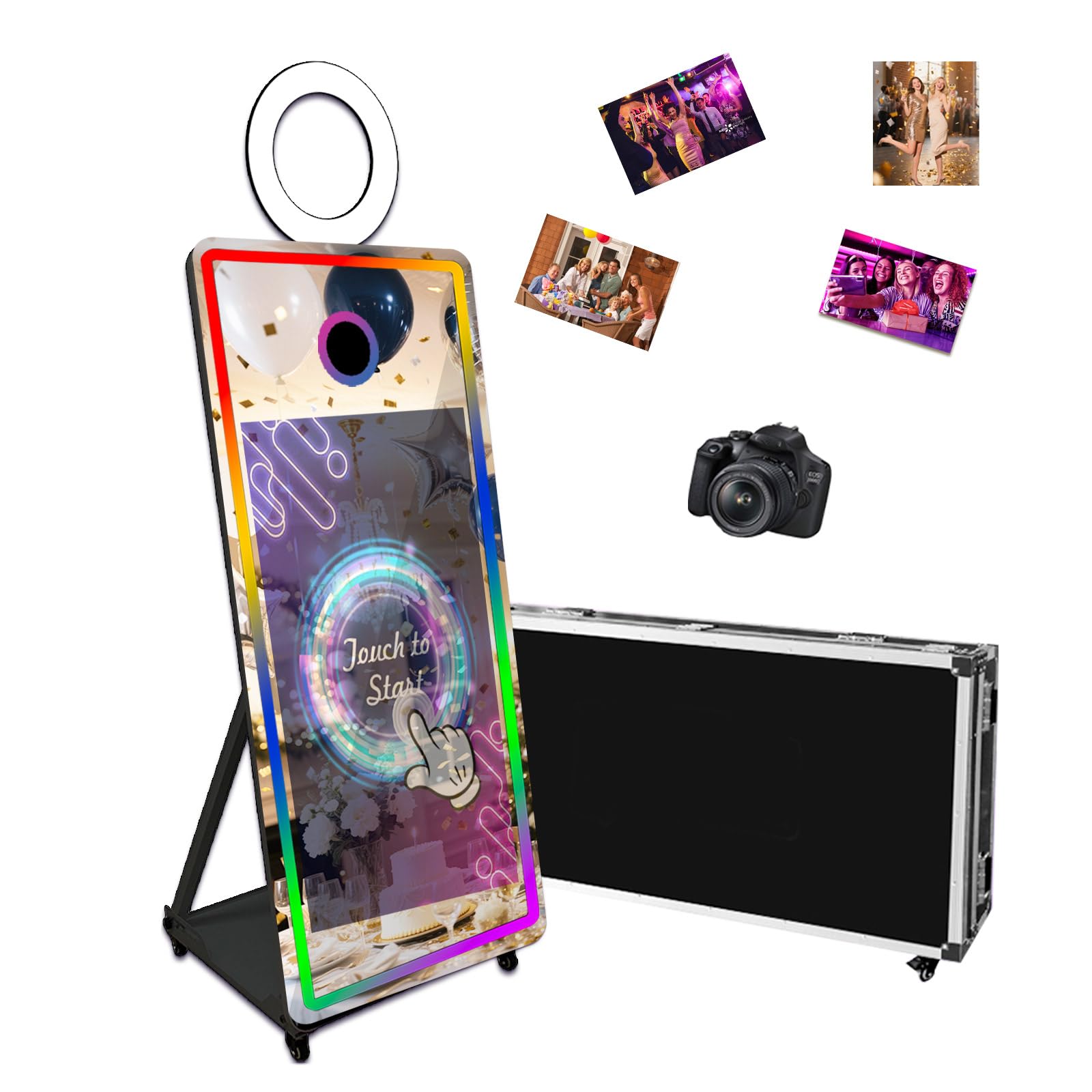 65 Inch Portable Magic Mirror Photo Booth,43 Inch Touch Screen Mirror Photo Booth with RGB Light,Selfie Photo Booth with Flight Case (Black, 65 inch(43''Screen)+Camera)