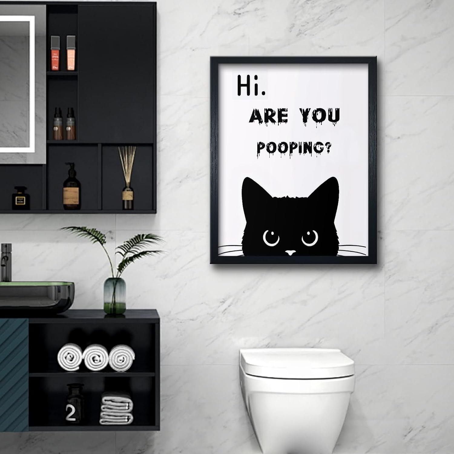 JLXART Framed Wall Art Bathroom Sign Are You Pooping Black Funny Cat Toilet Artwork Decor for Restroom,8x10inch - Image 6